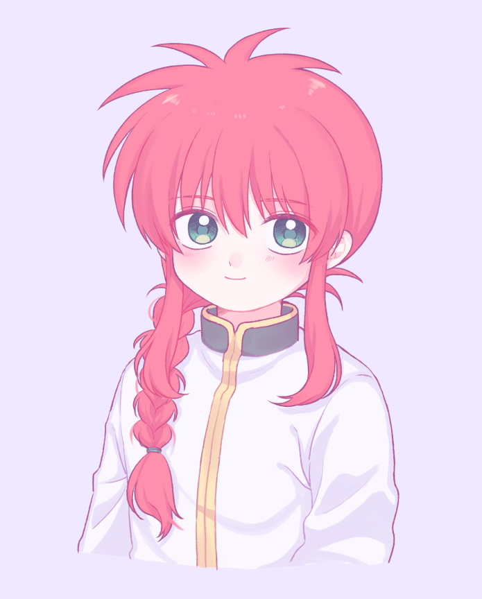 morishi (bearxforest), kurama (yu yu hakusho), yuu yuu hakusho, commentary request, 1boy, alternate hairstyle, bishounen, braid, cropped torso, green eyes, hair over shoulder, jacket, light blush, light smile, long hair, long sleeves, male focus, purple background, red hair, sidelocks, simple background, single braid, solo, upper body, white jacket