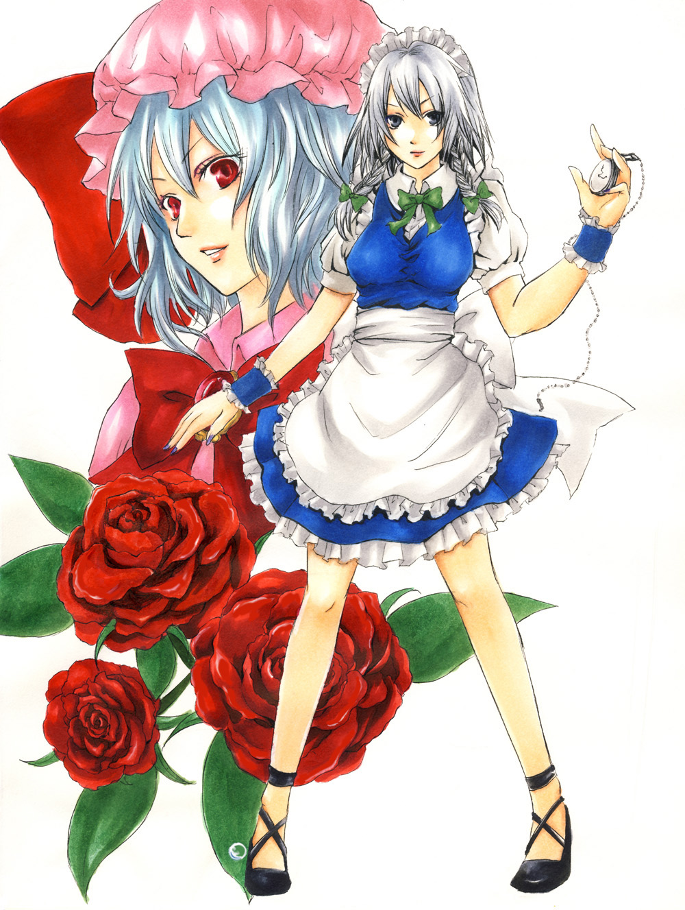 yellowrabbit, izayoi sakuya, remilia scarlet, touhou, bad id, bad pixiv id, highres, 2girls, breasts, dress, female focus, flower, hat, maid, mob cap, multiple girls, plant, rose, white background