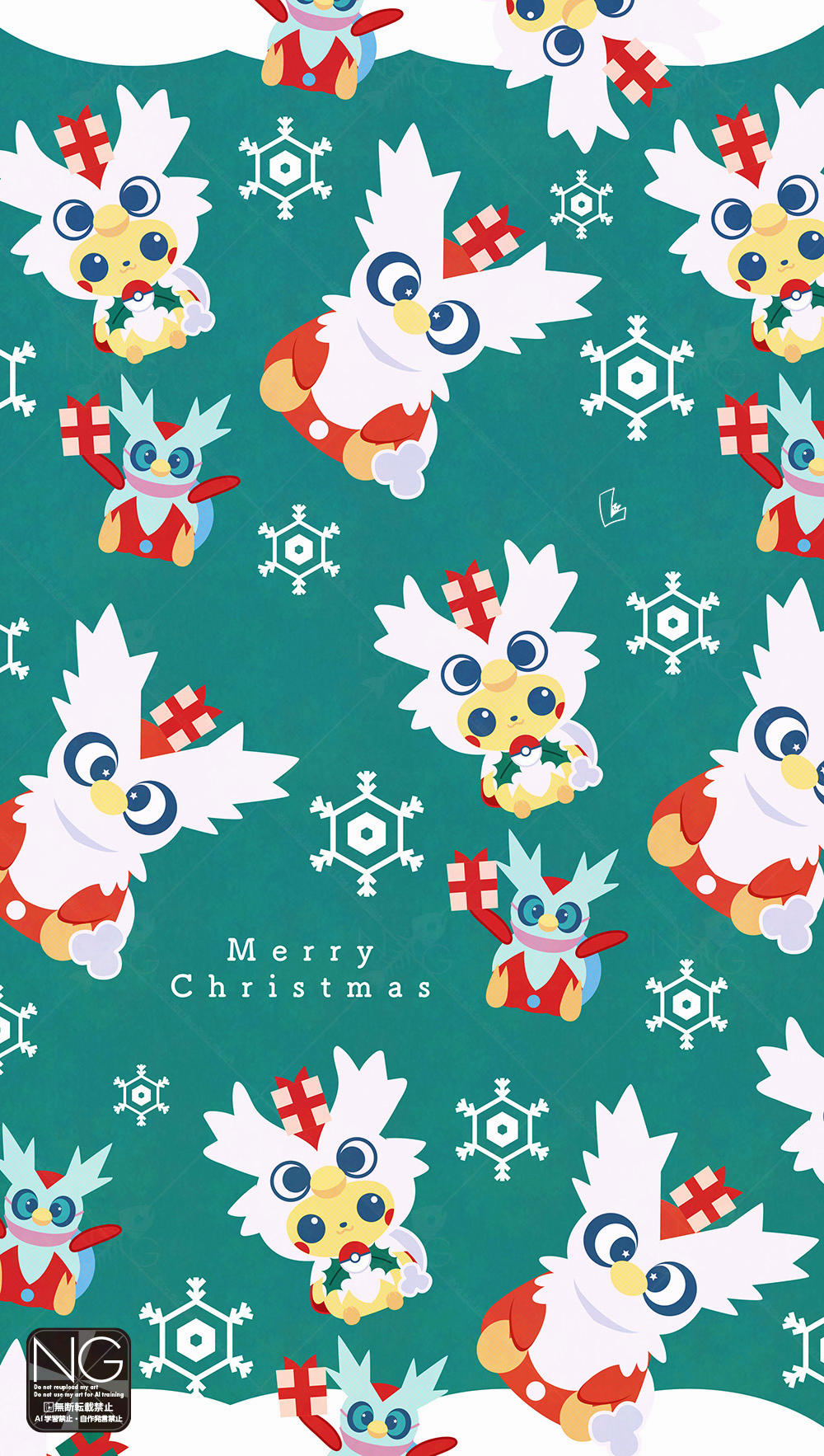 meme (sleepsheep), delibird, iron bundle, pikachu, nintendo, pokemon, highres, animal hood, black sclera, blue eyes, box, christmas, colored sclera, gen 1 pokemon, gen 2 pokemon, gift, gift box, heart, holding, holding gift, hood, hood up, looking at viewer, no humans, non-humanoid robot, pokemon (creature), pokemon focus, robot, robot animal, snowflakes, spoken heart, star-shaped pupils, star (symbol), symbol-shaped pupils