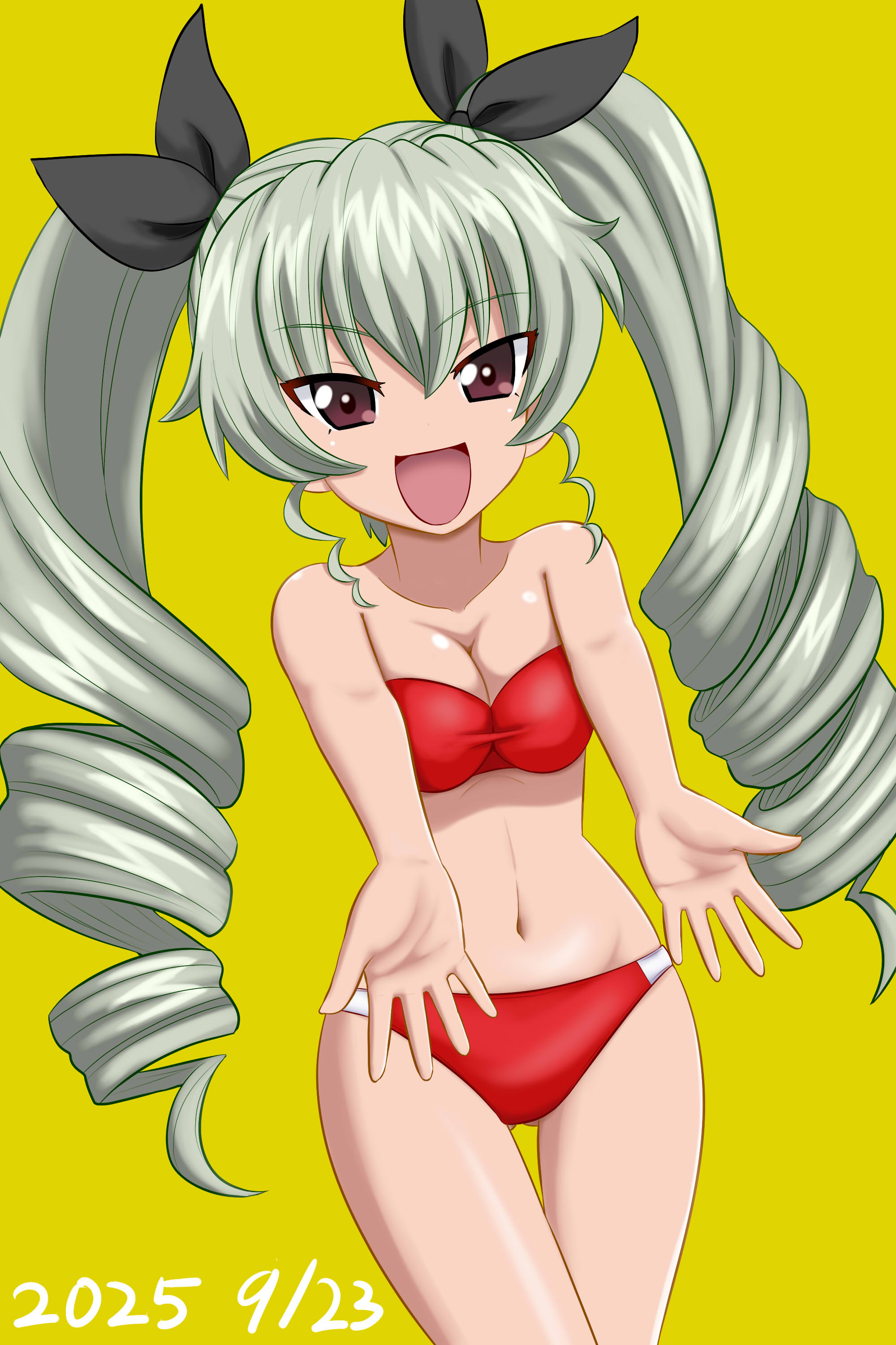 megi2009, anchovy (girls und panzer), girls und panzer, 1girl, bikini, blush, breasts, brown eyes, drill hair, green hair, hair ribbon, large breasts, long hair, navel, open mouth, red bikini, ribbon, simple background, smile, solo, swimsuit, twin drills, twintails, yellow background