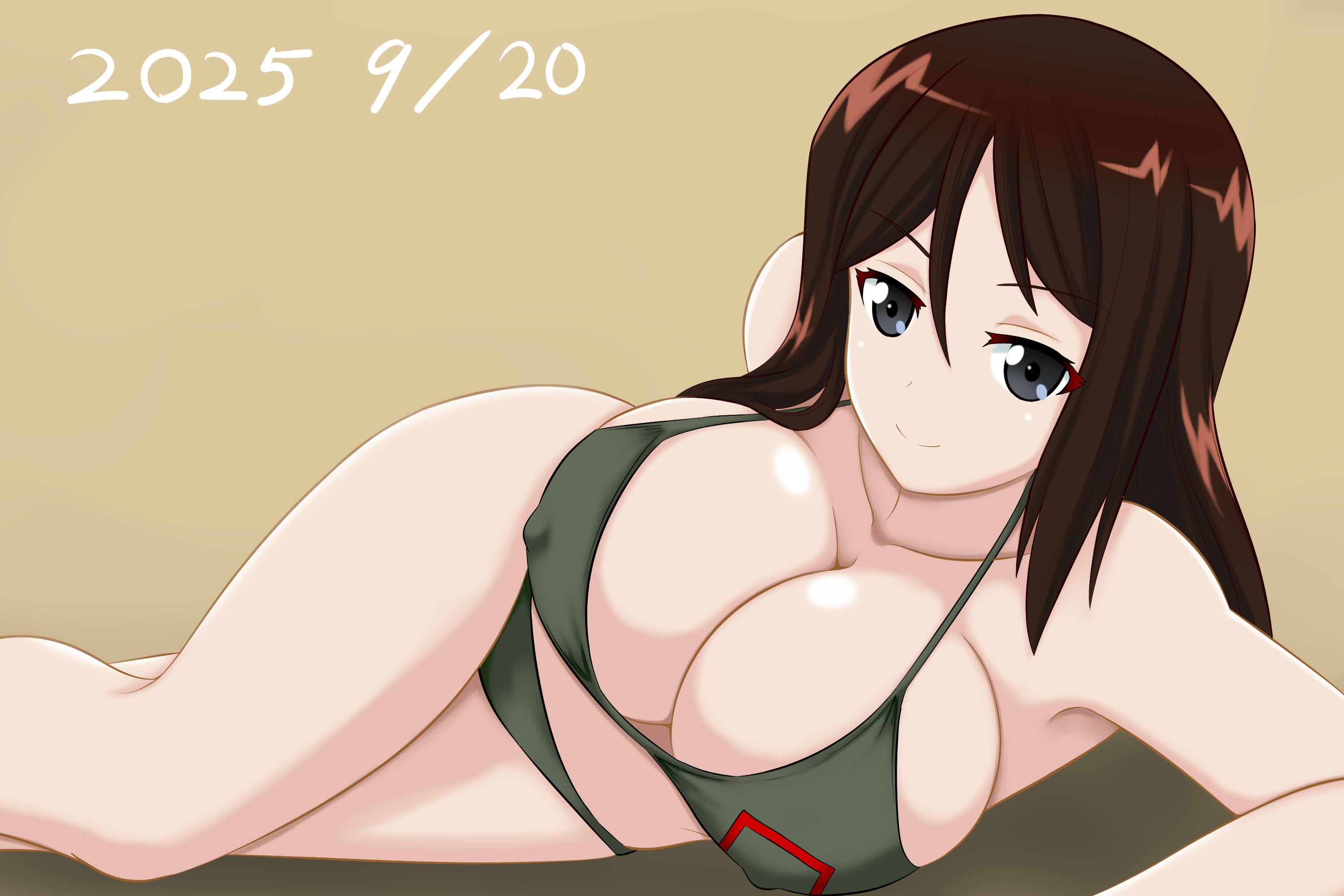megi2009, nonna (girls und panzer), girls und panzer, 1girl, bikini, blue eyes, breasts, brown hair, closed mouth, collarbone, covered erect nipples, dated, green bikini, large breasts, long hair, looking at viewer, simple background, smile, solo, swimsuit