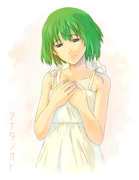 ganzyu i, ranka lee, macross, macross frontier, bad id, bad pixiv id, 00s, 1girl, collarbone, dress, female focus, green hair, half-closed eyes, hands on own chest, head tilt, red eyes, simple background, smile, solo, white background