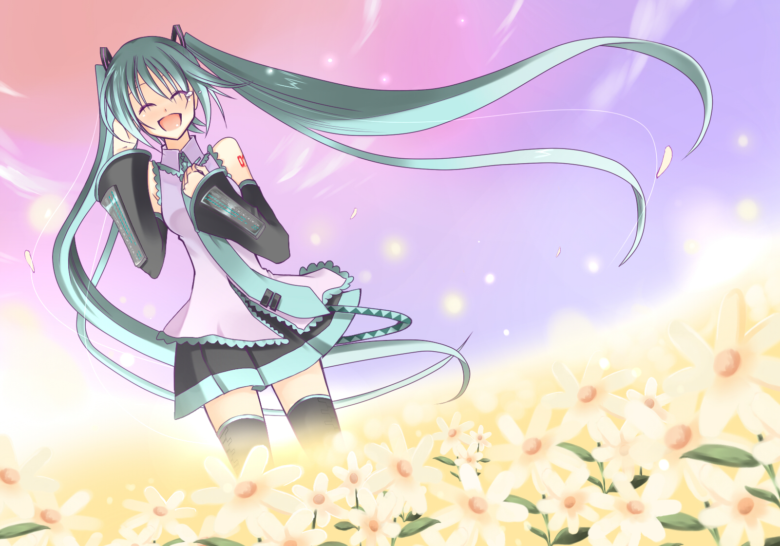 temari (deae), hatsune miku, vocaloid, bad id, bad pixiv id, highres, field, flower, flower field, green hair, long hair, thighhighs, twintails, very long hair, zettai ryouiki