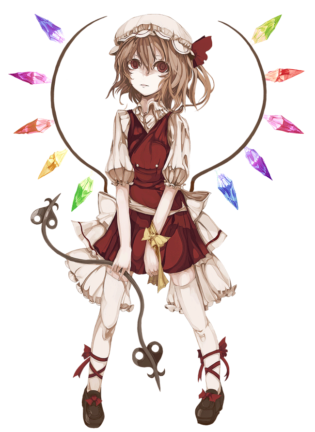 kereno, flandre scarlet, embodiment of scarlet devil, touhou, bad id, bad pixiv id, 1girl, blonde hair, dress, empty eyes, female focus, footwear ribbon, hat, ponytail, red eyes, ribbon, shoes, short hair, side ponytail, solo, thighhighs, weapon, white thighhighs, wings, zettai ryouiki
