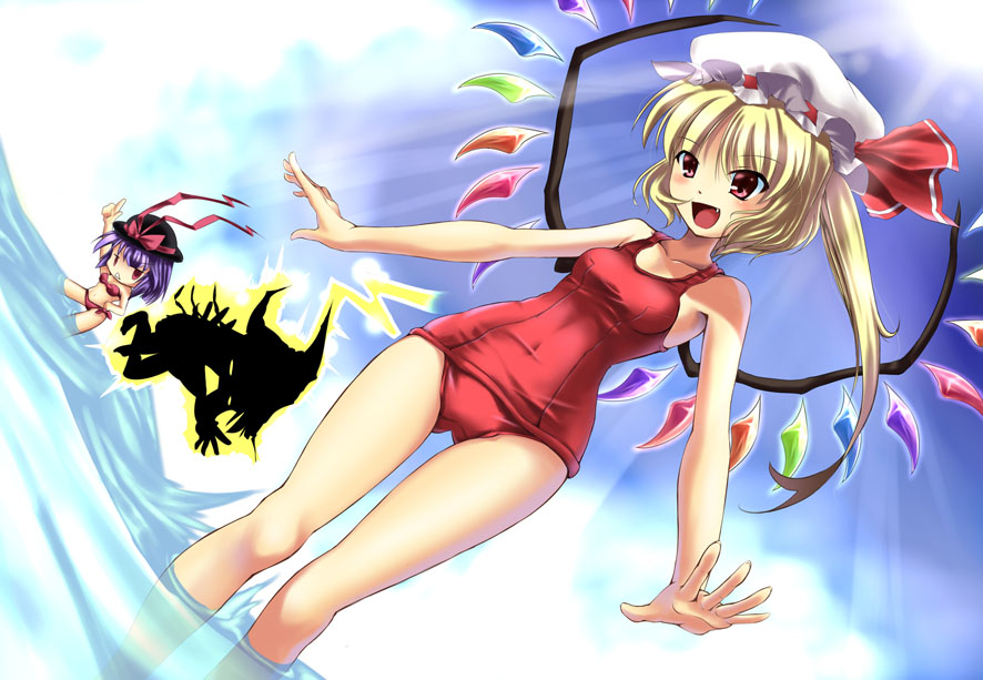 wakanita, flandre scarlet, kirisame marisa, nagae iku, touhou, 3girls, bikini, blonde hair, day, dutch angle, electrocution, fang, female focus, hat, light rays, multiple girls, one-piece swimsuit, one side up, purple hair, red eyes, red one-piece swimsuit, school swimsuit, side ponytail, sunbeam, sunlight, swimsuit, wading, water, wings