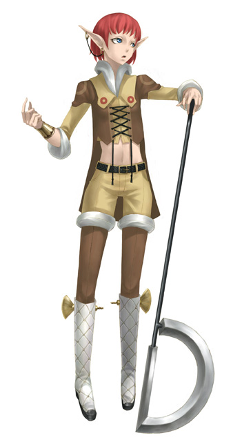 zou azarashi, original, 1girl, axe, blue eyes, boots, elf, female focus, midriff, pantyhose, pantyhose under shorts, pointy ears, red hair, short hair, shorts, solo, weapon