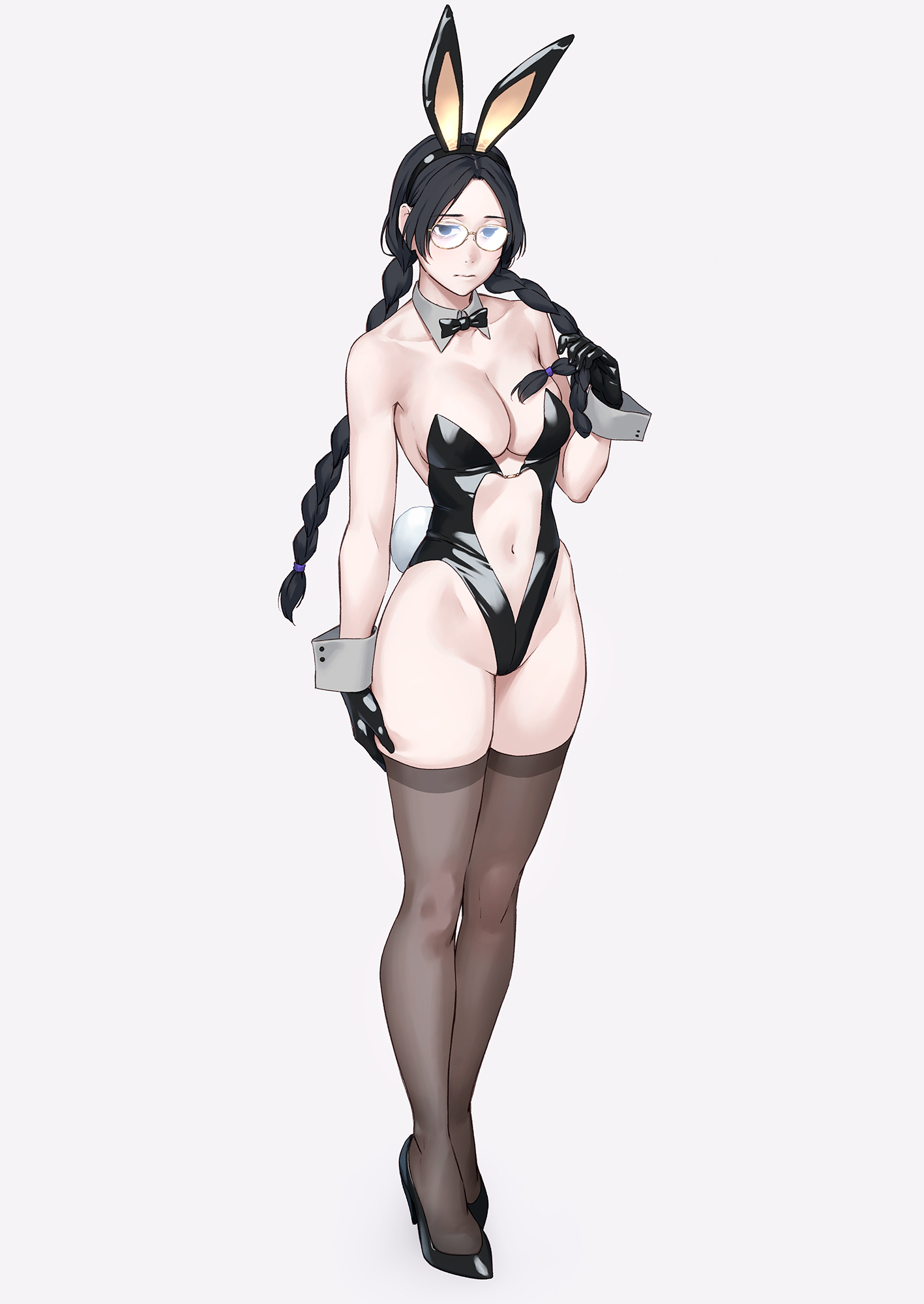 yuuji (and), original, highres, 1girl, animal ears, bare shoulders, black gloves, black hair, black leotard, braid, breasts, cleavage, clothing cutout, detached collar, expressionless, fake animal ears, full body, gloves, highleg, highleg leotard, large breasts, leotard, long hair, looking at viewer, navel, navel cutout, playboy bunny, rabbit ears, rabbit tail, shiny clothes, simple background, solo, strapless, strapless leotard, tail, twin braids, very long hair