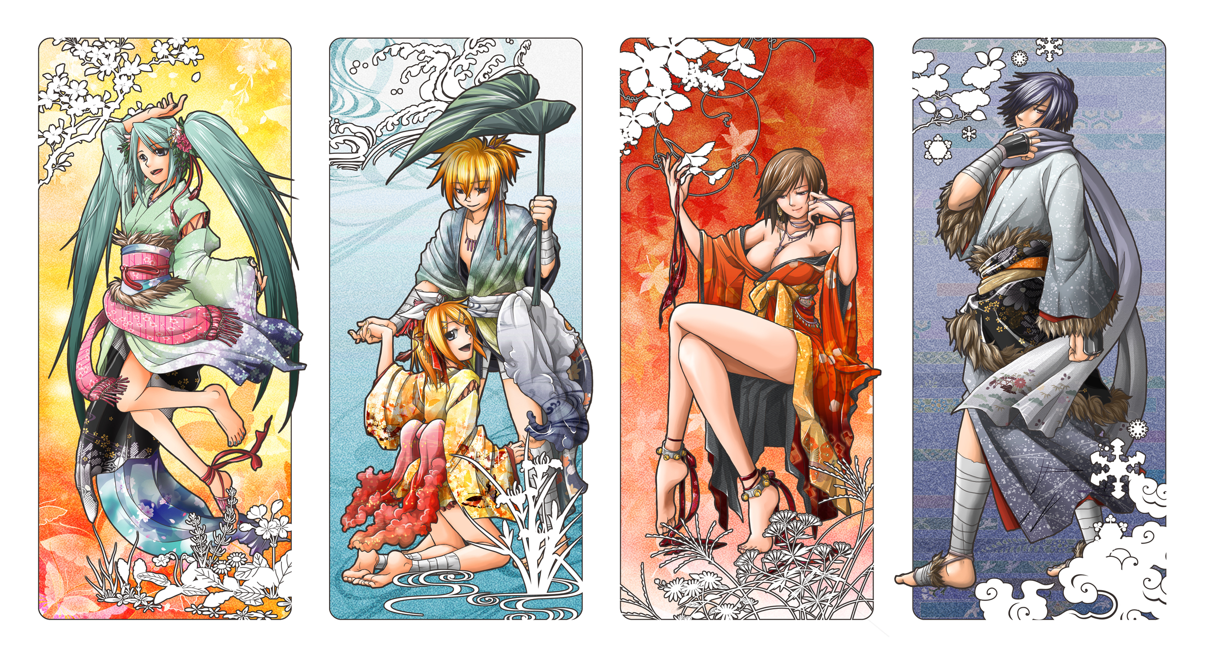 sakurayonoji, hatsune miku, kagamine len, kagamine rin, kaito (vocaloid), meiko (vocaloid), vocaloid, bad id, bad piapro id, highres, 2boys, 3girls, aqua hair, art nouveau, blonde hair, blue eyes, blue hair, breasts, brown eyes, brown hair, cleavage, column lineup, crossed legs, detached sleeves, flower, hair ornament, hair ribbon, hairclip, japanese clothes, kimono, large breasts, leaf, long hair, multiple boys, multiple girls, ribbon, scarf, seasons, short hair, sitting, twintails