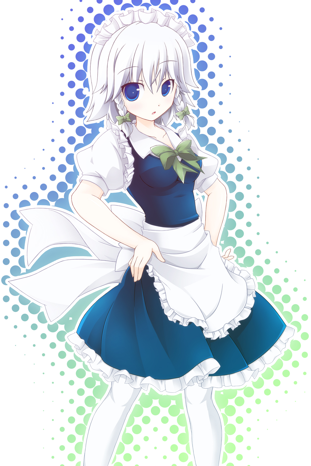 altivr, kanzaki sora, izayoi sakuya, touhou, silver hair, highres, 1girl, apron, blue eyes, braid, female focus, maid, maid apron, pantyhose, short hair, solo, twin braids