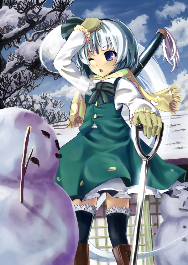 hidebo, konpaku youmu, konpaku youmu (ghost), touhou, silver hair, bad id, bad pixiv id, 1girl, blue eyes, boots, female focus, ghost, gloves, hairband, hitodama, one eye closed, short hair, shovel, snow, snowman, solo, thighhighs, wink, worktool