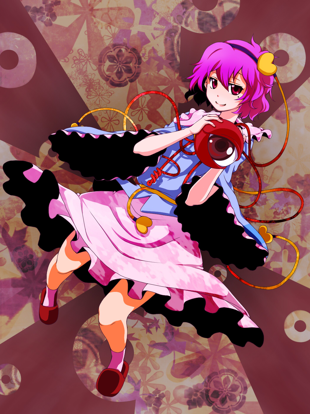 tsumidango, tumidago, komeiji satori, touhou, bad id, bad pixiv id, highres, 1girl, female focus, hairband, heart, pink hair, purple eyes, purple hair, red eyes, short hair, slippers, solo