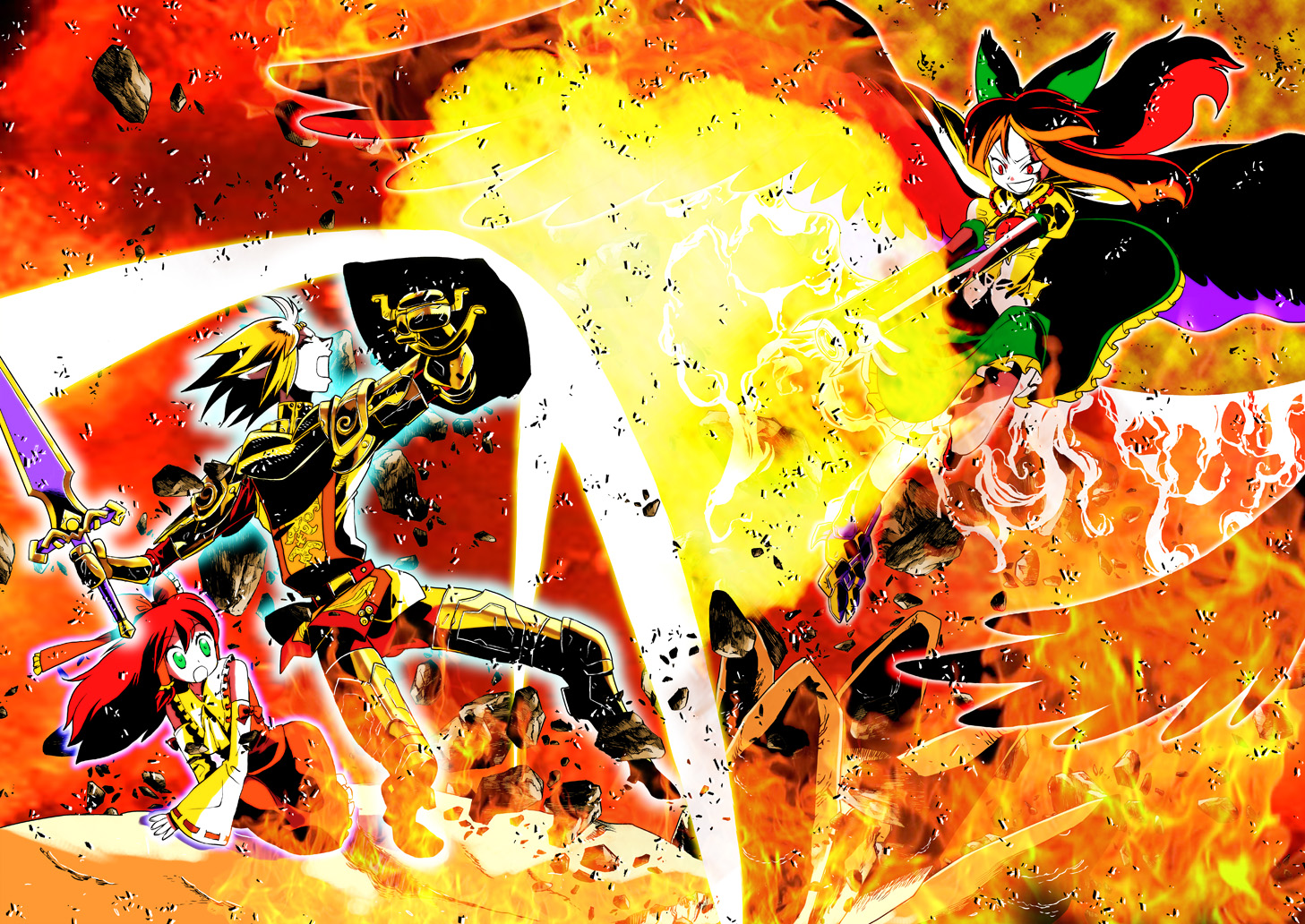 makaron, shosuha, buront, elvaan, hakurei reimu, paladin (final fantasy), reiuji utsuho, final fantasy, final fantasy xi, the iron of yin and yang, touhou, 00s, 1boy, 2girls, battle, crossover, elf, multiple girls, paladin, pointy ears