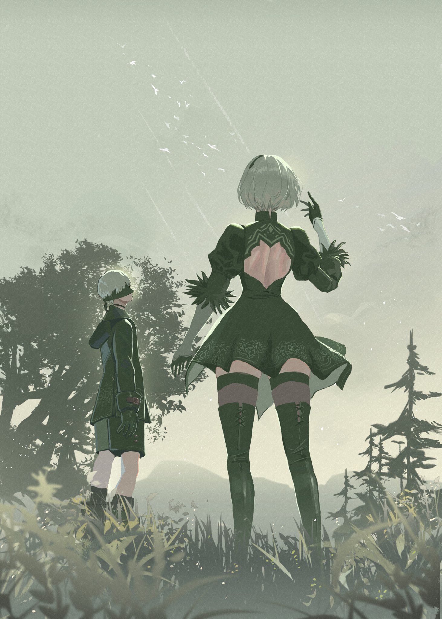 2b (nier:automata), 9s (nier:automata), nier:automata, nier (series), highres, 1boy, 1girl, back cutout, black boots, black dress, black gloves, black jacket, black shorts, black socks, black thighhighs, black visor, blindfold, boots, clothing cutout, dress, feather trim, from behind, from below, gloves, grass, grey hair, grey sky, hood, hood down, hooded jacket, jacket, juliet sleeves, long sleeves, nekoyana, outdoors, pine tree, puffy sleeves, short hair, shorts, sky, socks, thigh boots, thighhighs, tree, turtleneck, turtleneck dress