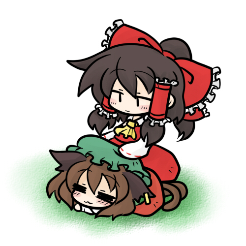 yanagi (nurikoboshi), chen, hakurei reimu, touhou, lowres, 2girls, :3, = =, animal ears, brown hair, cat ears, cat girl, cat tail, chibi, earrings, female focus, hat, jewelry, multiple girls, tail, | |