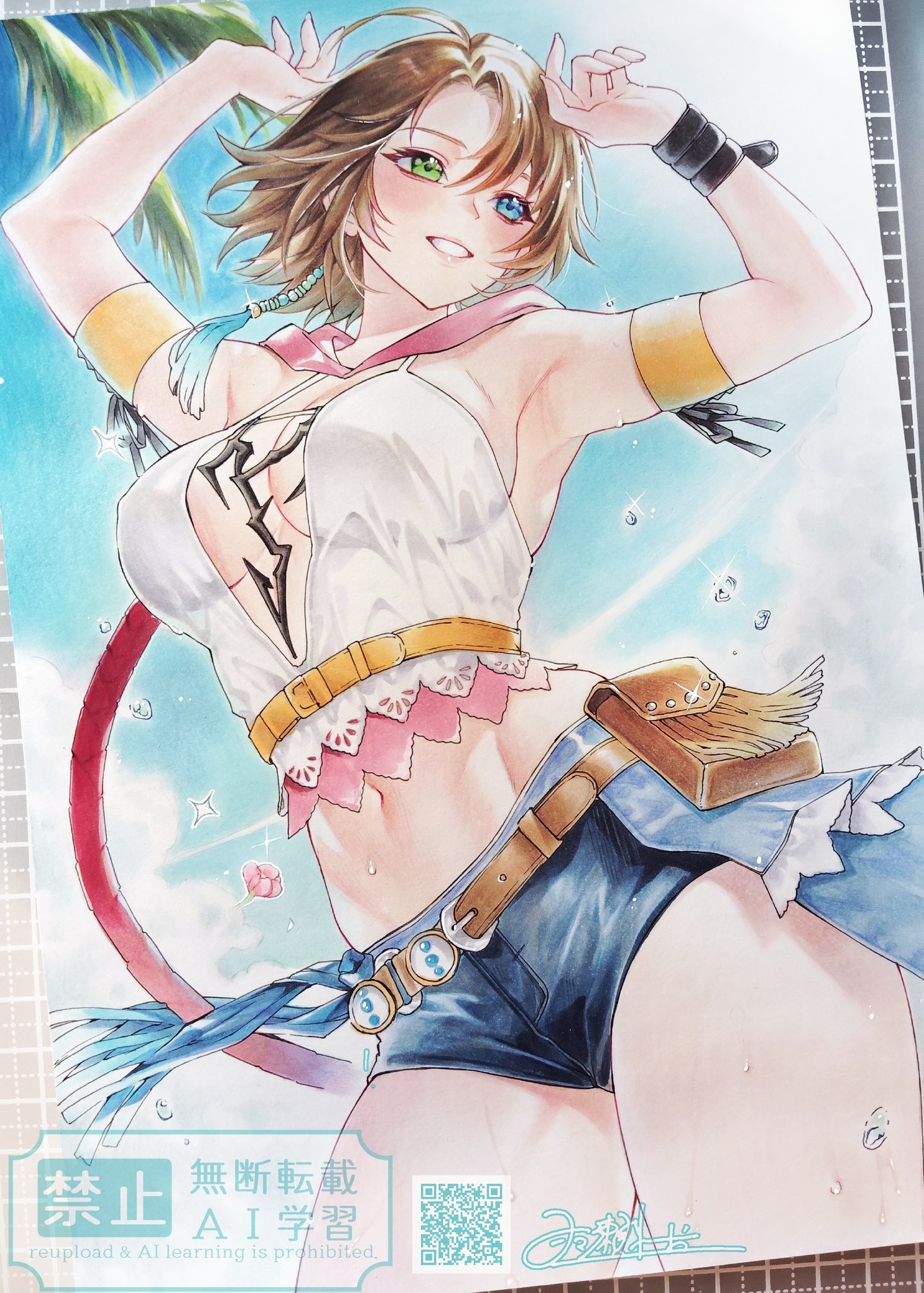 momose reo, yuna (ff10), final fantasy, final fantasy x, final fantasy x-2, highres, traditional media, 1girl, armpits, arms up, bag, blue eyes, breasts, brown hair, cleavage, crop top, green eyes, heterochromia, midriff, navel, ponytail, satchel, short shorts, shorts, showgirl skirt, solo, water drop