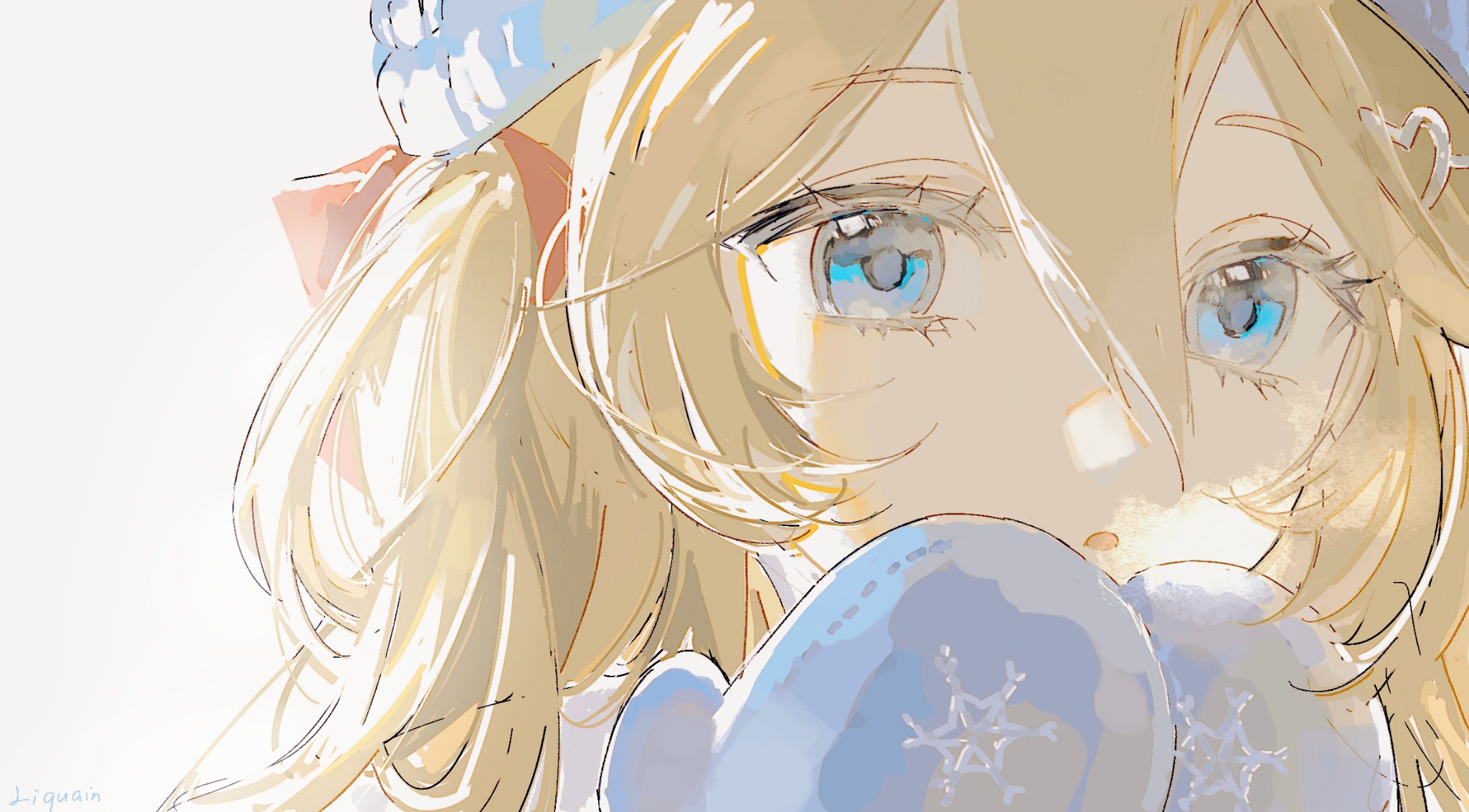 liquain, neuro-sama, commentary, english commentary, highres, 1girl, blue eyes, blue gloves, blue hat, brown hair, gloves, hair between eyes, hair ornament, hair ribbon, hat, heart, heart hair ornament, looking at viewer, open mouth, portrait, red ribbon, ribbon, simple background, solo, two side up, vedal ai, virtual youtuber, white background