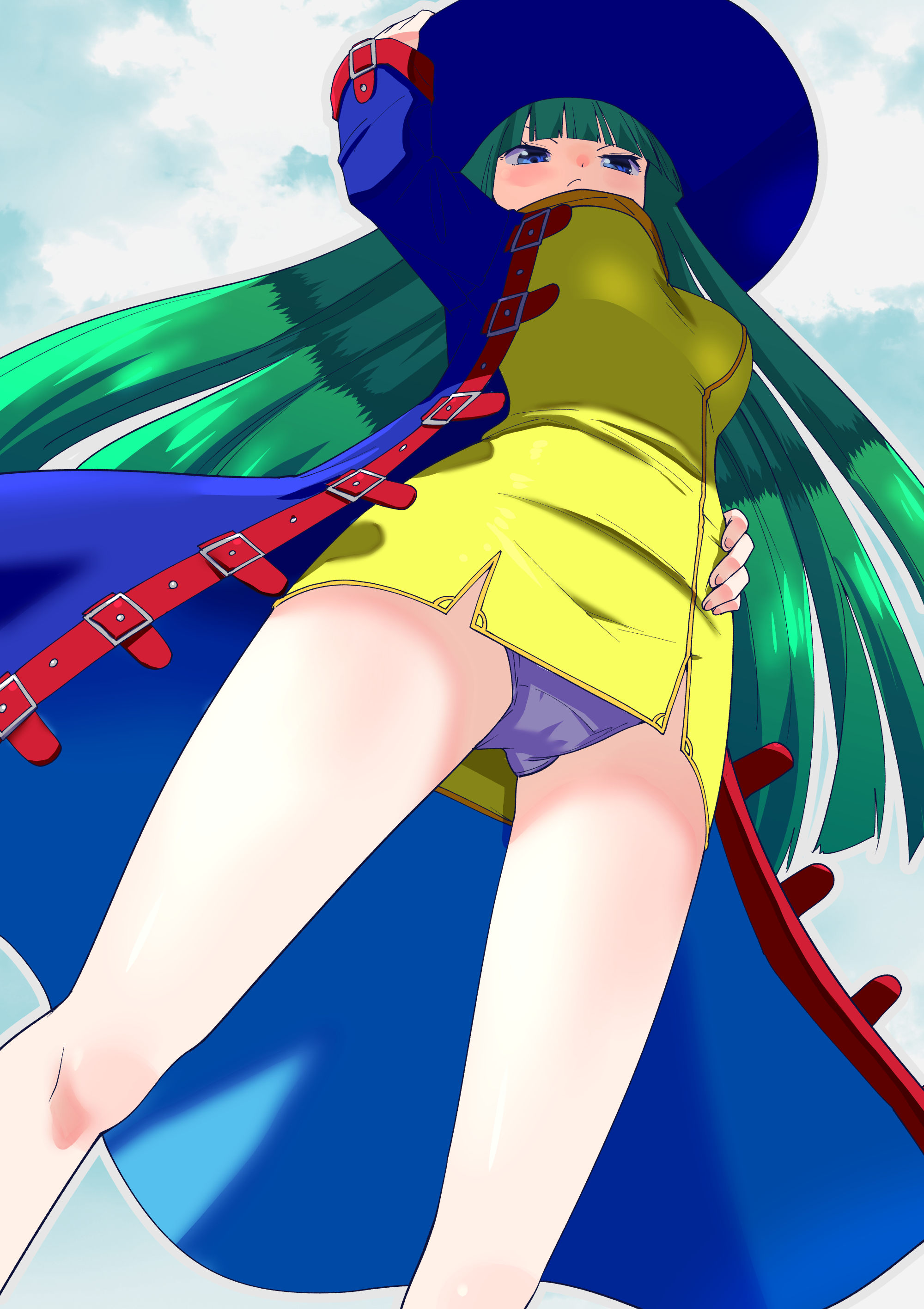 toku sonchou, masou shizuka, rance (series), absurdres, highres, 1girl, blue eyes, breasts, closed mouth, covered navel, dress, green hair, hat, long hair, looking at viewer, medium breasts, panties, skirt, solo, underwear, upskirt, witch hat, yellow dress