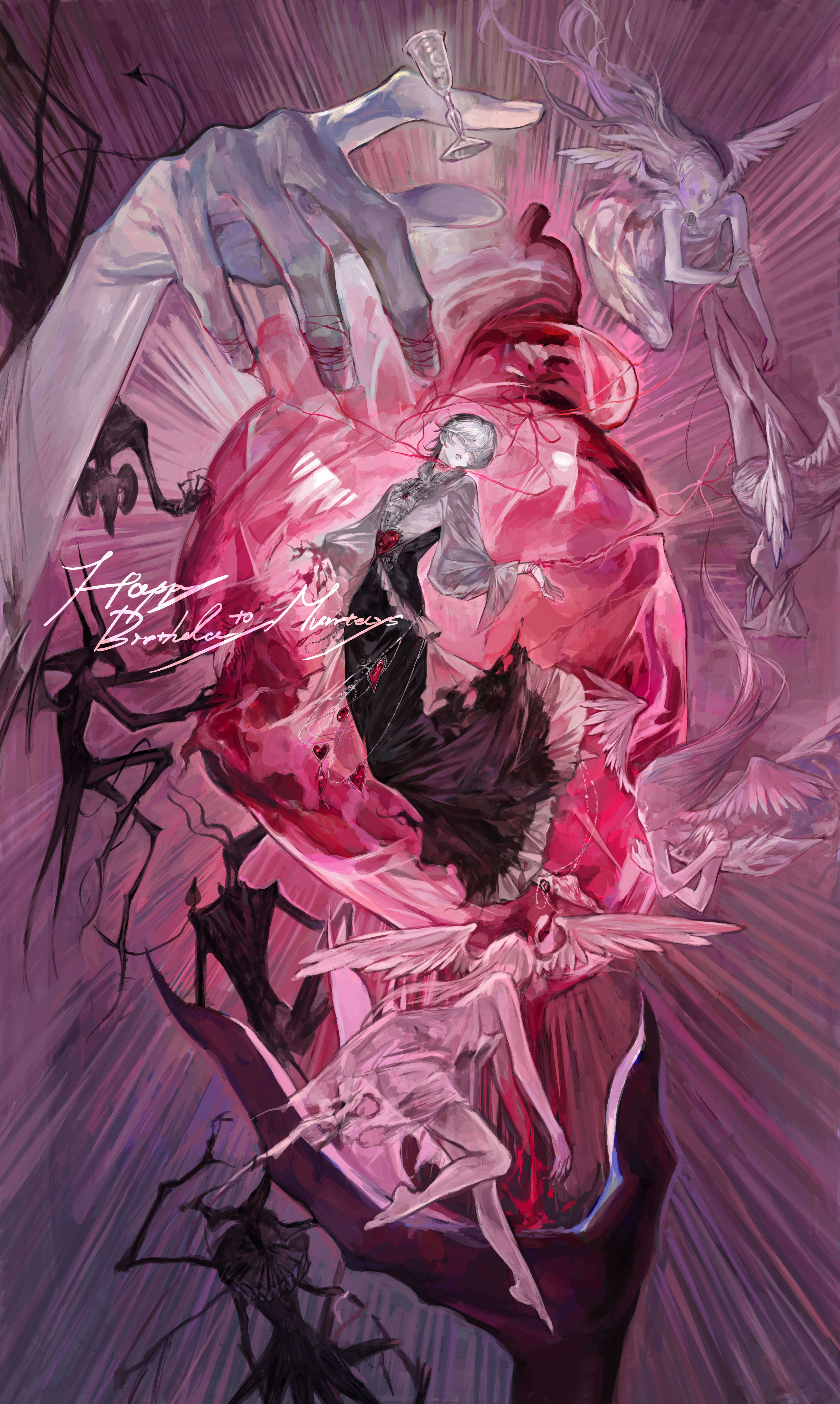 kirbyb, warrior of light (ff14), final fantasy, final fantasy xiv, original, absurdres, commentary, commission, english commentary, highres, 1boy, 6+others, angel, angel and devil, angel wings, arched back, barefoot, bird brooch, black hair, black robe, borrowed character, chalice, claws, colored skin, cup, demon, demon wings, dress, empty eyes, extra arms, floating hair, frilled shirt collar, frilled sleeves, frills, full body, gem, giant hand, grey eyes, hair between eyes, half-closed eyes, head wings, heart-shaped gem, heart (organ), heterochromia, holding heart (organ), hyur, long hair, long sleeves, looking at viewer, male focus, monster, multicolored hair, multiple others, murrtecys ansuz, neck ruff, out of frame, pale skin, parted lips, pink background, red gemstone, robe, shirt, short hair, solo focus, stabbed heart, string around finger, string around neck, sunburst, two-tone hair, white dress, white hair, white shirt, white skin, wings, yellow eyes