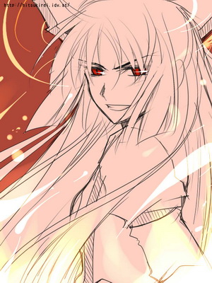 hitsuki rei, kasa (hitori sanka), fujiwara no mokou, touhou, lowres, 1girl, bow, female focus, fire, hair bow, hair ribbon, long hair, monochrome, pink theme, red background, red eyes, ribbon, shirt, slit pupils, smirk, solo, wind