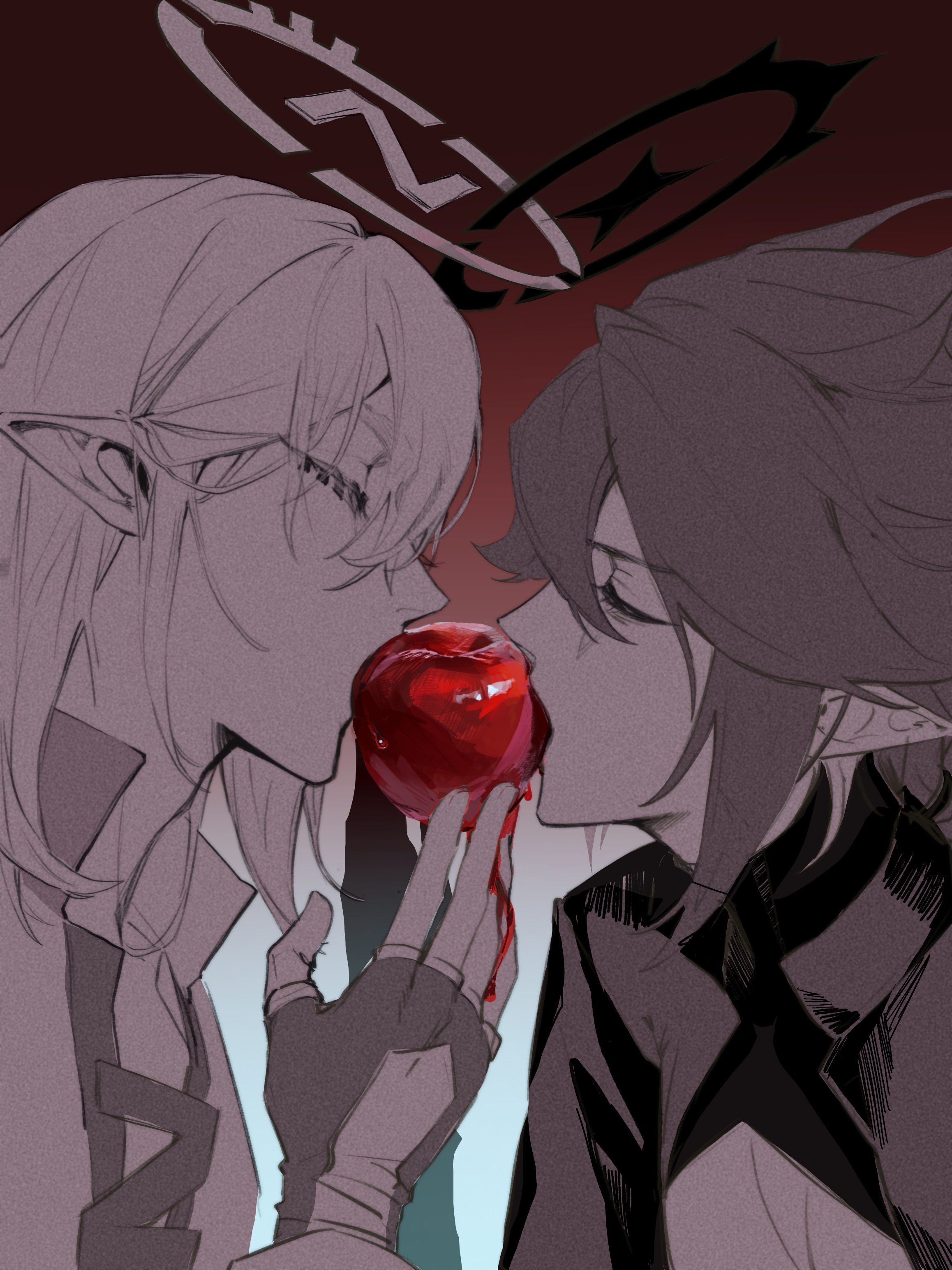 macchiato bi guanzhong, xander (aotu world), zain (aotu world), aotu world, absurdres, chinese commentary, highres, 2boys, angel, apple, bishounen, bleeding, blood, closed eyes, crop top, cropped jacket, eating, eyelashes, fingerless gloves, food, from side, fruit, gloves, gradient background, hair between eyes, halo, holding, holding food, holding fruit, jacket, jewelry, long hair, looking at another, low ponytail, male focus, medium hair, monochrome, multiple boys, pectoral cleavage, pectorals, pointy ears, ponytail, profile, shirt, short hair, spot color, turtleneck, upper body, yaoi