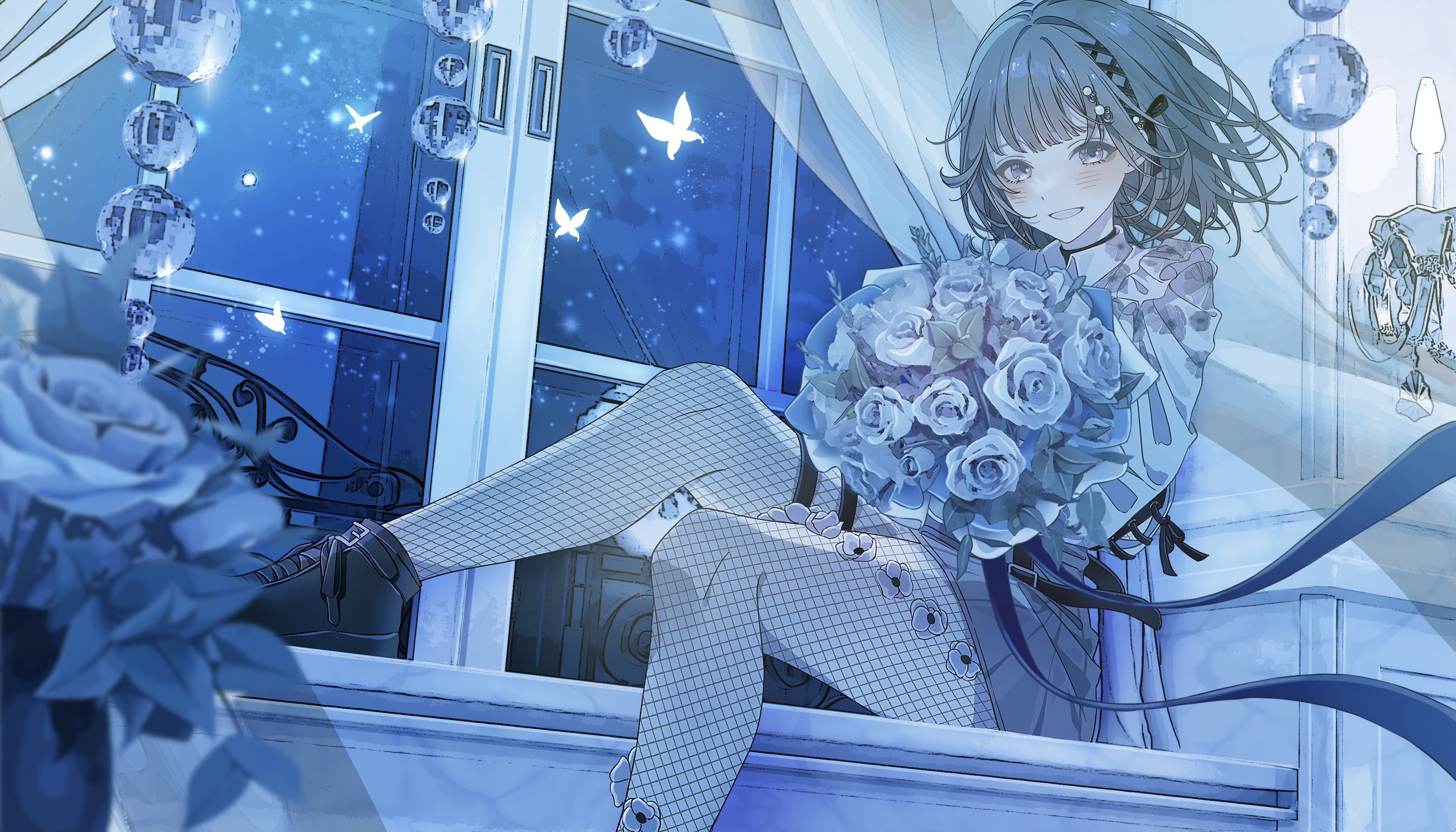 mameko (l8 w3), hanabusa lisa, vspo!, absurdres, highres, 1girl, black ribbon, black shoes, blue ribbon, blunt bangs, blurry, blurry foreground, blush, bouquet, bug, butterfly, collared shirt, crystal ball, curtains, feet out of frame, fishnet pantyhose, fishnets, floating hair, flower, frilled shirt, frills, grey eyes, grey hair, hair ribbon, holding, holding bouquet, insect, long sleeves, looking at viewer, medium hair, pantyhose, pleated skirt, ribbon, shirt, shoes, skirt, smile, sparkle, thigh strap, window
