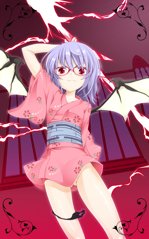 ogami kazuki, remilia scarlet, touhou, light purple hair, 1girl, bare legs, bat wings, bespectacled, female focus, glasses, japanese clothes, kimono, panties, panties around leg, polearm, red-framed eyewear, red eyes, short hair, solo, spear, spear the gungnir, tears, underwear, weapon, wings