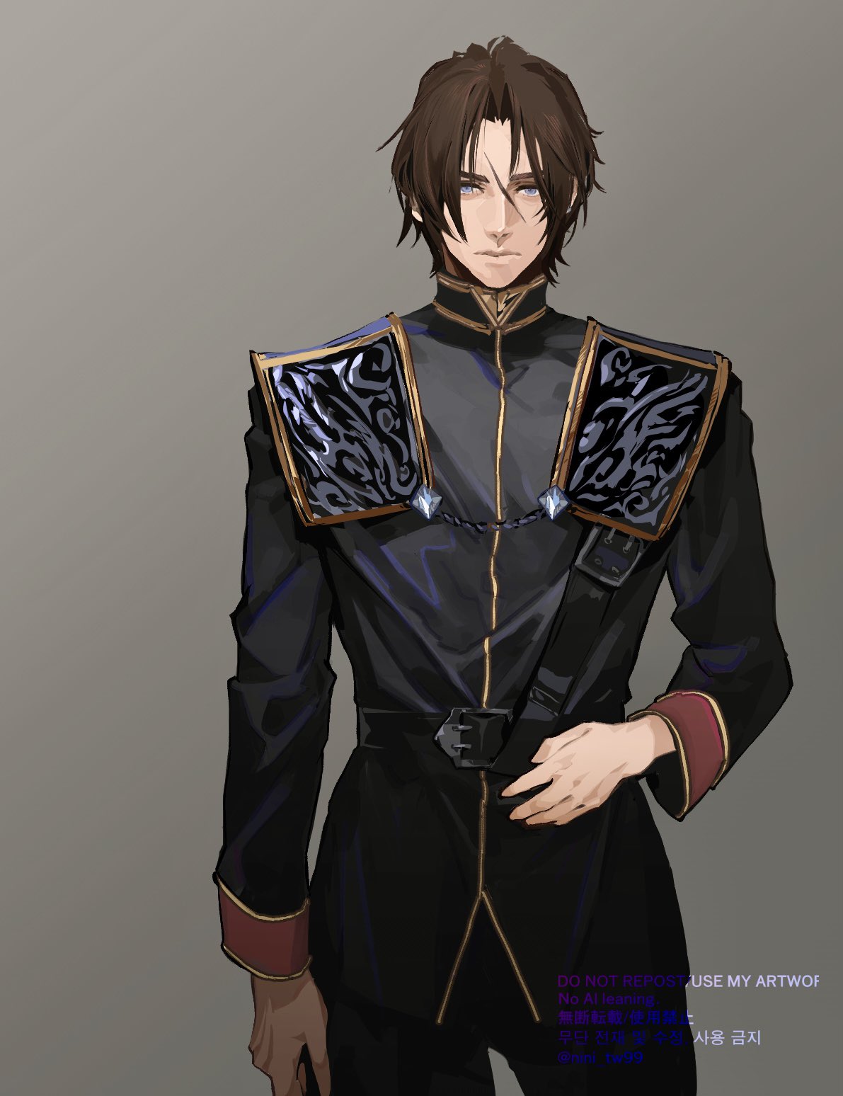 nini tw99, squall leonhart, final fantasy, final fantasy viii, highres, 1boy, black jacket, black pants, blue eyes, brown hair, closed mouth, cowboy shot, epaulettes, gold trim, grey background, jacket, male focus, military uniform, official alternate costume, pants, parted bangs, scar, scar on face, scar on forehead, school uniform, seed uniform (ff8), short hair, solo, twitter username