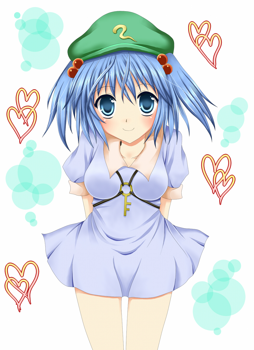 ryokuyou (greencosmos), kawashiro nitori, touhou, highres, 1girl, blue eyes, blue hair, breasts, female focus, hair bobbles, hair ornament, hat, heart, key, matching hair/eyes, medium breasts, solo, twintails, two side up