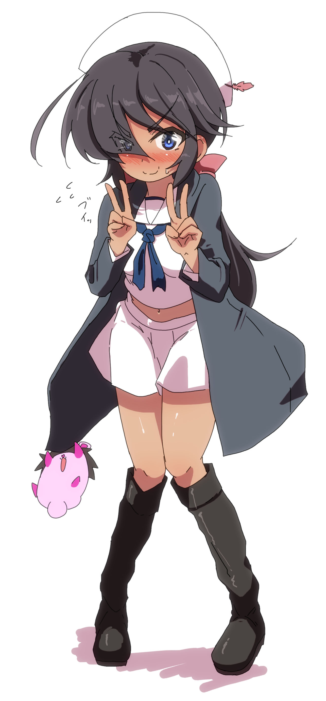 jinguu (4839ms), ogin (girls und panzer), girls und panzer, 1girl, black hair, blue eyes, blush, boots, breasts, closed mouth, coat, double v, dress, hair ribbon, hat, long hair, looking at viewer, midriff, miniskirt, navel, ribbon, sailor dress, school uniform, simple background, skirt, small breasts, smile, solo, sweat, trench coat, v, white background