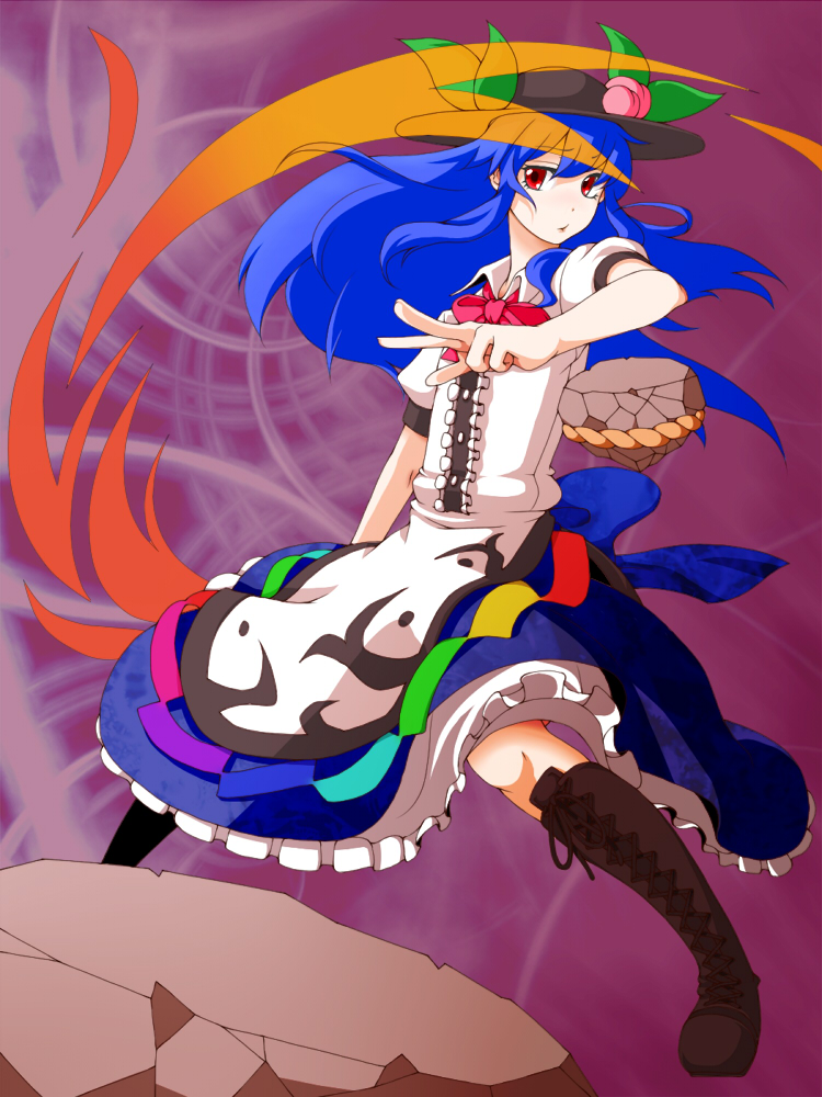tsumidango, tsuyadashi shuuji, hinanawi tenshi, touhou, bad id, bad pixiv id, 1girl, blue hair, boots, female focus, food, fruit, hat, knee boots, long hair, peach, red eyes, rock, solo, sword, sword of hisou, weapon