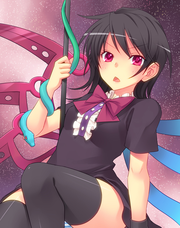 takahina, houjuu nue, touhou, bad id, bad pixiv id, 1girl, black hair, black thighhighs, dress, female focus, panties, polearm, red eyes, short hair, snake, solo, spear, striped clothes, striped panties, thighhighs, trident, underwear, weapon, wings, wristband