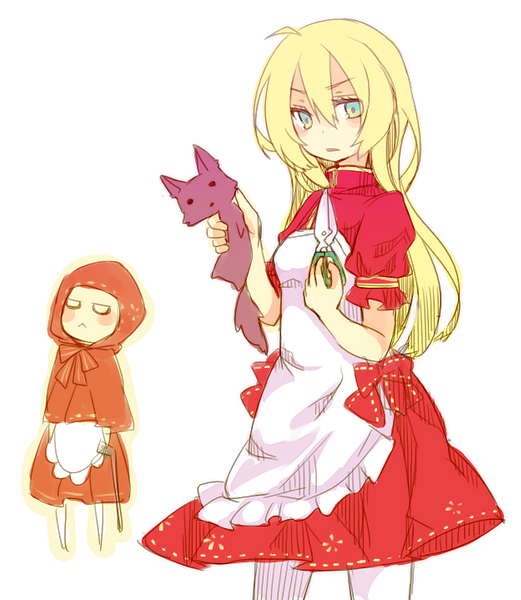 aruya (flosrota), big bad wolf, little red riding hood (fairy tale), bad id, bad pixiv id, 2girls, apron, blonde hair, cat, dress, long hair, multicolored eyes, multiple girls, scissors