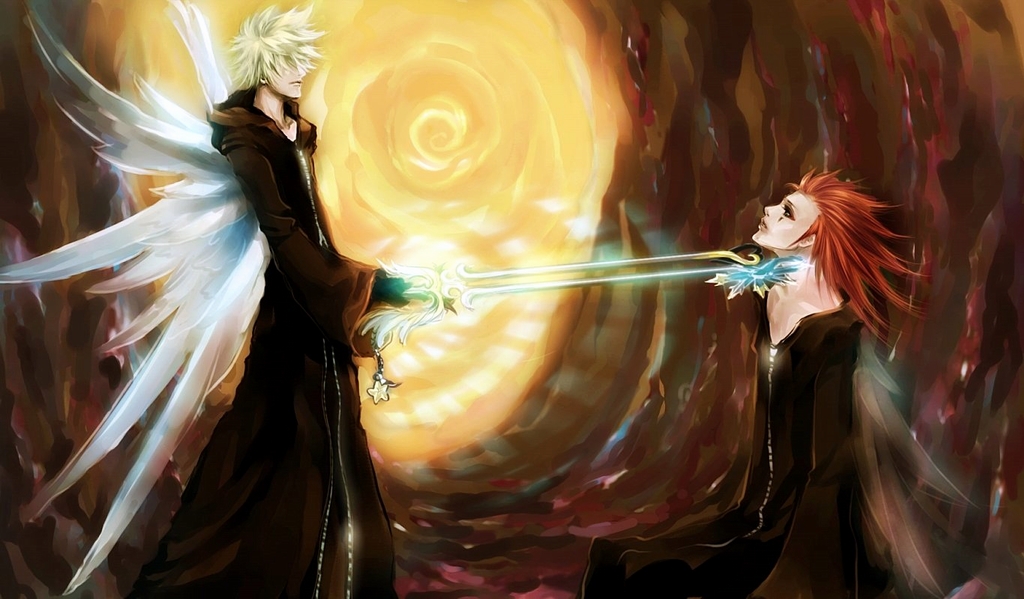 zuowen, axel, roxas, kingdom hearts, 2boys, angel wings, black coat (kingdom hearts), blonde hair, keyblade, male focus, multiple boys, oathkeeper, red hair, star (symbol), sword, weapon, wings