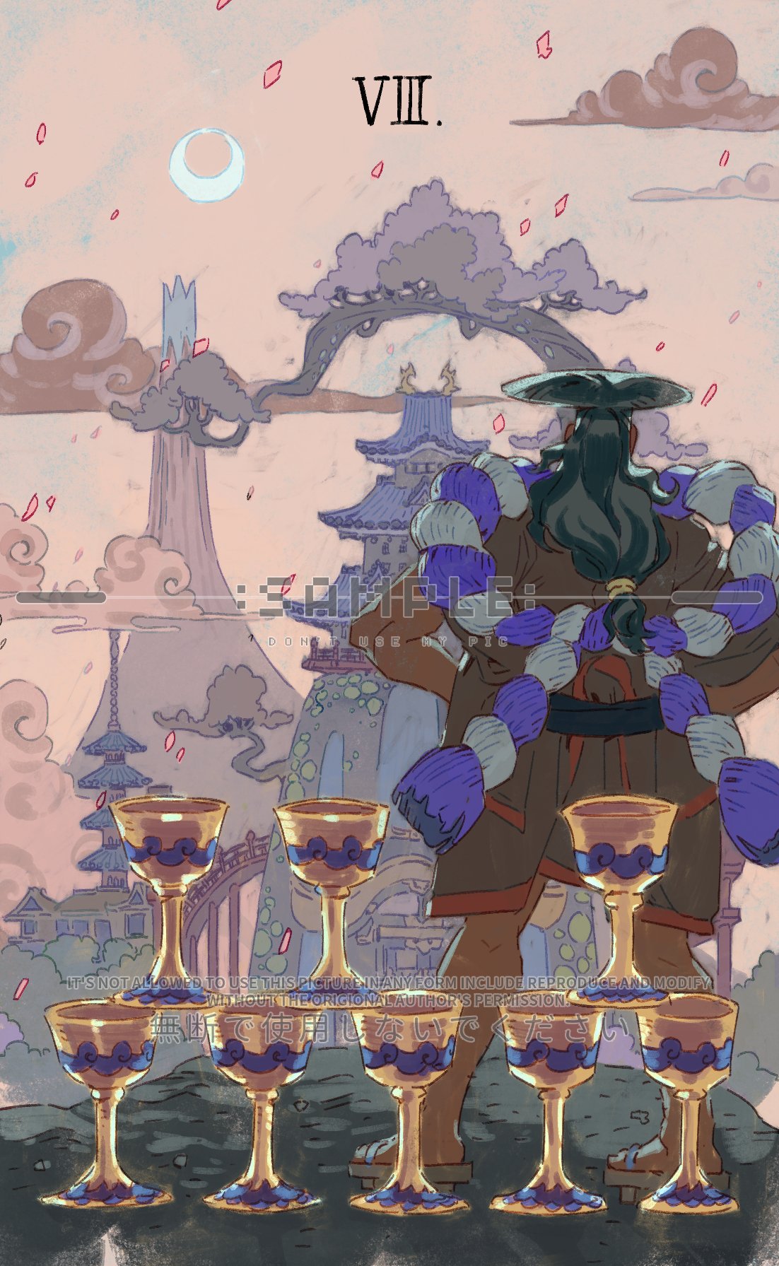 siyangou49, kouzuki oden, one piece, commentary, highres, 1boy, black hair, castle, cloud, cup, falling petals, full body, hands on own hips, japanese clothes, kimono, long hair, male focus, orange kimono, outdoors, petals, pink petals, ponytail, roman numeral, rope, sample watermark, shimenawa, solo, watermark