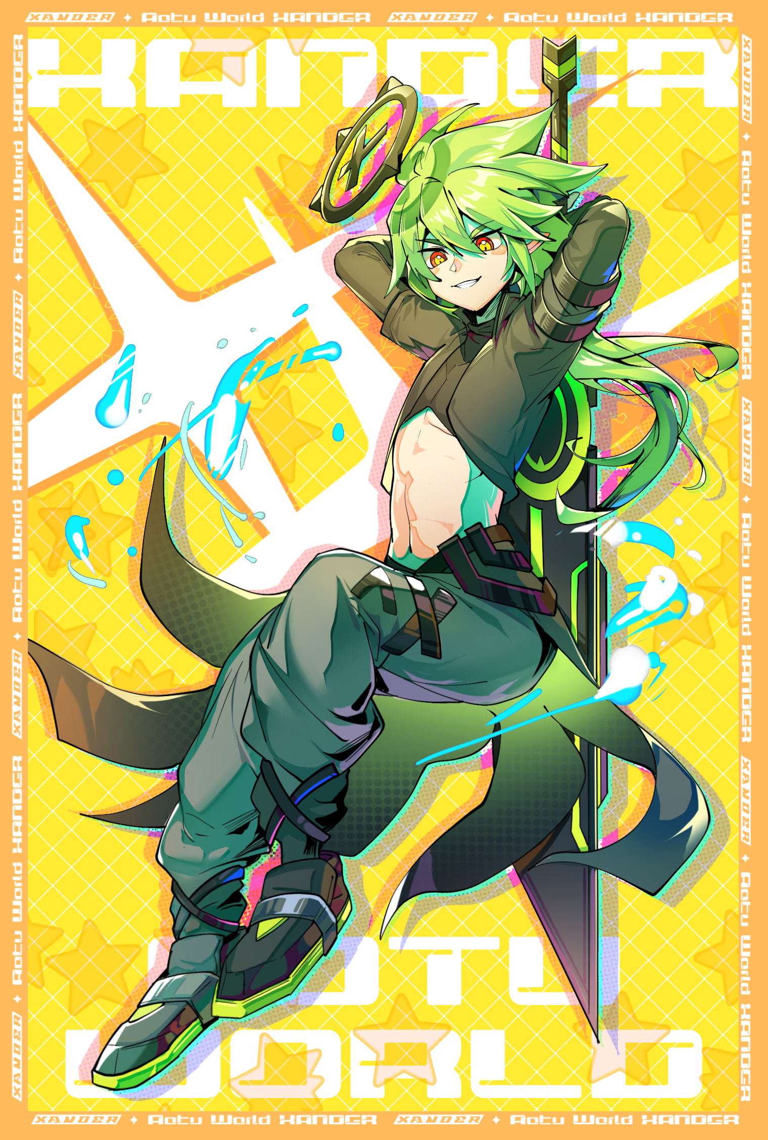 xander (aotu world), aotu world, chinese commentary, highres, 1boy, abs, arm strap, arms behind head, arms up, belt, black belt, black cape, black jacket, black shirt, black shoes, boots, cape, chengxia feitianle, copyright name, crop top, cropped jacket, english text, full body, greatsword, green hair, grey pants, grin, hair between eyes, halo, holding, holding sword, holding weapon, jacket, long hair, long sleeves, looking at viewer, low ponytail, male focus, mechanical halo, midriff, multicolored eyes, navel, pants, pointy ears, ponytail, red eyes, shirt, shoes, smile, solo, sparkle, star (symbol), sword, toned, toned male, waist cape, water, weapon, yellow background, yellow eyes