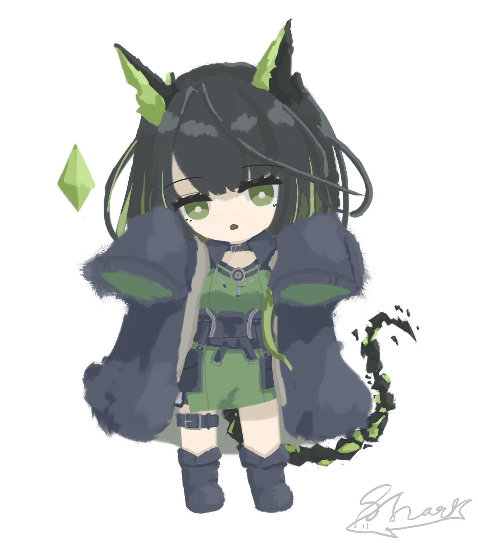 mon3tr (arknights), arknights, highres, 1girl, animal ears, artist name, black hair, boots, bright pupils, chibi, chibi only, dotshark, full body, green eyes, signature, sleeves past fingers, sleeves past wrists, standing, tail, thigh strap, white background, white pupils
