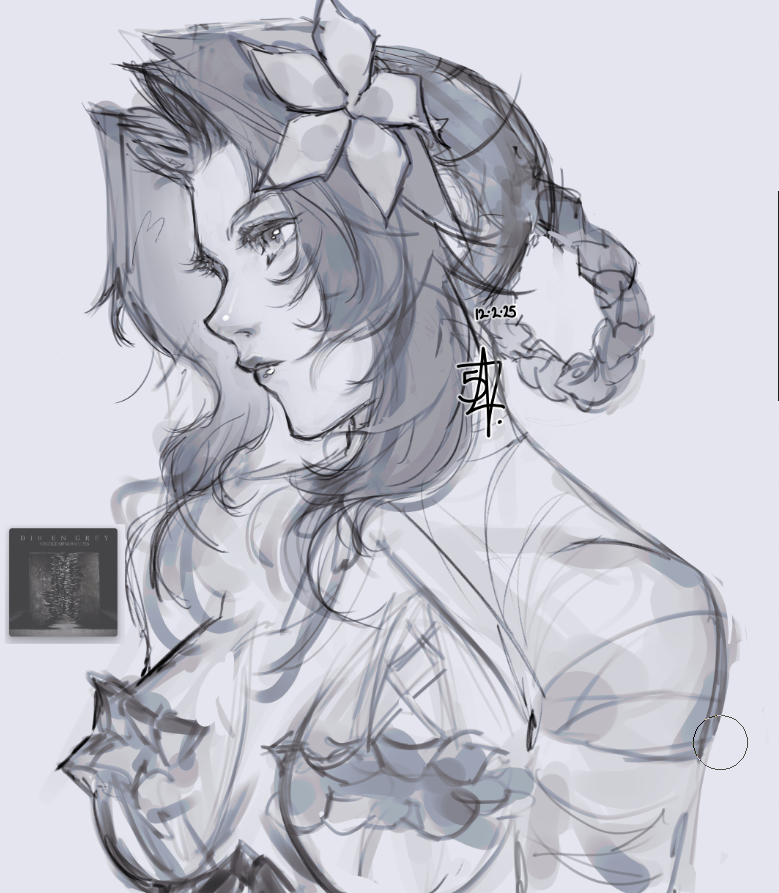 547v1, aerith gainsborough, kaine (nier), final fantasy, final fantasy vii, final fantasy vii: ever crisis, 1girl, bandaged arm, bandages, braid, braided hair rings, breasts, cleavage, closed mouth, cosplay, dated, flower, greyscale, hair flower, hair ornament, hair rings, kaine (nier) (cosplay), lingerie, medium breasts, monochrome, negligee, official alternate costume, parted bangs, sidelocks, signature, sketch, underwear, upper body, white flower