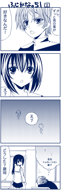 yuubararin, fujioka (minami-ke), minami kana, minami-ke, translation request, 00s, 4koma, blue theme, comic, monochrome