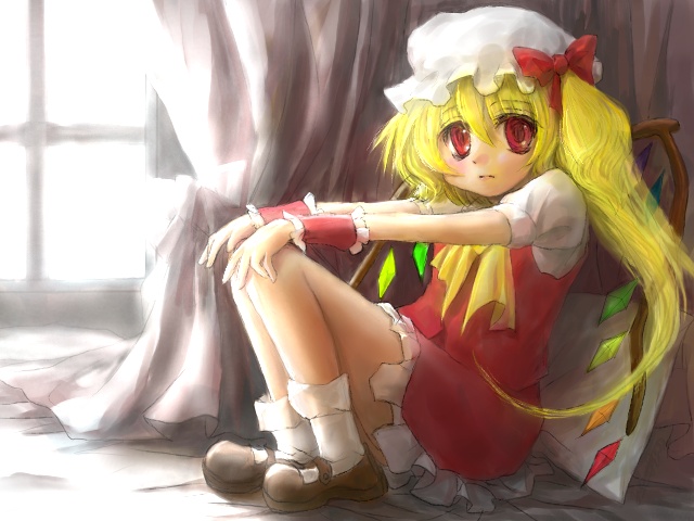 yuumisaitou, flandre scarlet, embodiment of scarlet devil, touhou, 1girl, blonde hair, bow, dress, female focus, hat, red eyes, ribbon, sad, side ponytail, solo, wings, wrist cuffs