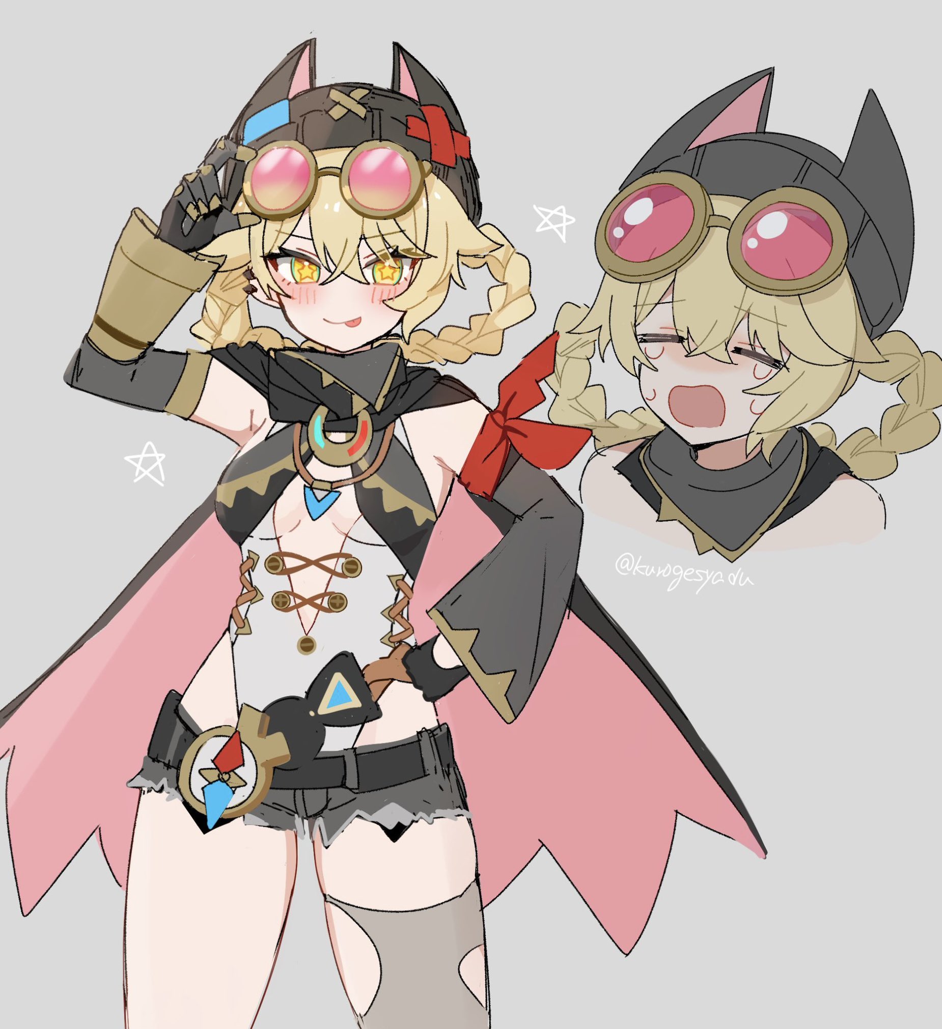 kuromu shado, jahoda (genshin impact), genshin impact, highres, 1girl, blonde hair, braid, braided hair rings, breasts, compass, crying, goggles, goggles on head, grey background, hair rings, hand on own hip, hat, mechanical arms, short shorts, shorts, single mechanical arm, single thighhigh, small breasts, star-shaped pupils, star (symbol), symbol-shaped pupils, thighhighs, tongue, tongue out, twitter username, yellow eyes