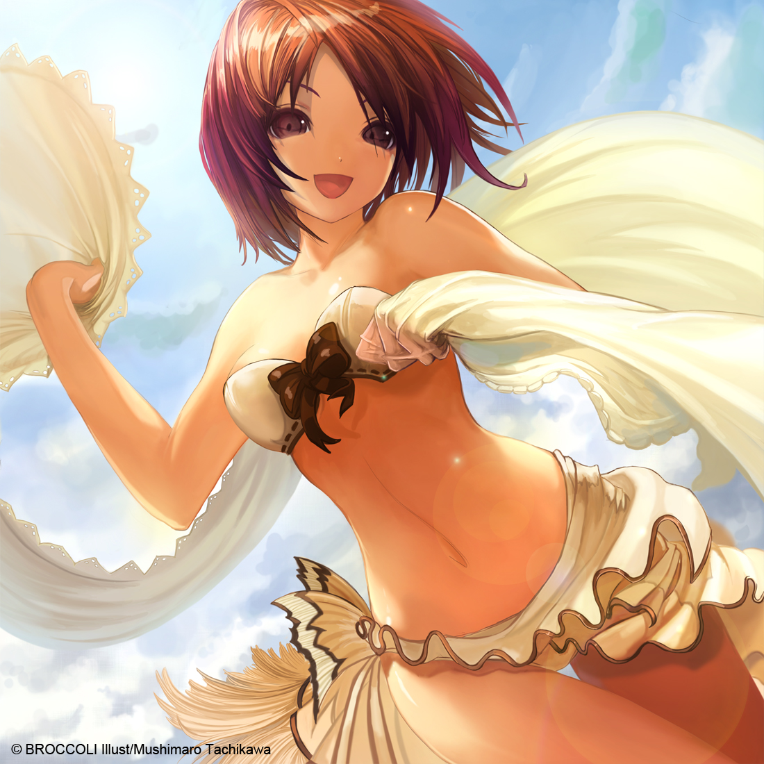 tachikawa mushimaro, aquarian age, md5 mismatch, official art, 00s, 1girl, bikini, brown eyes, cloud, day, dutch angle, female focus, red hair, short hair, sky, smile, solo, swimsuit, thigh gap, thighs