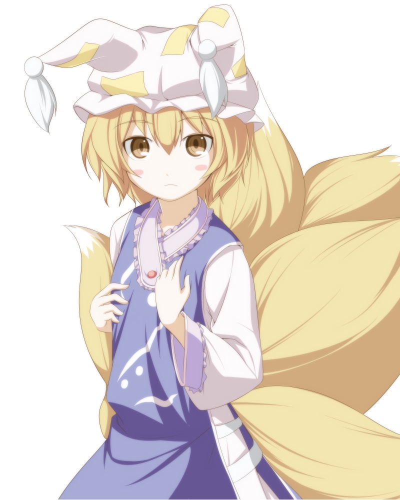 ippaiccha, yudofu, yakumo ran, touhou, bad id, bad pixiv id, 1girl, aged down, animal hat, blonde hair, blush stickers, female focus, flat chest, fox tail, hat, kitsune, kyuubi, long sleeves, mob cap, multiple tails, short hair, solo, tail, tassel, white background, wide sleeves, yellow eyes