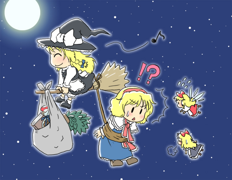takami, takami (manda), alice margatroid, hourai doll, kirisame marisa, shanghai doll, touhou, !?, 2girls, blonde hair, braid, broom, chibi, doll, female focus, hairband, hat, long hair, moon, multiple girls, short hair, wings, witch, witch hat