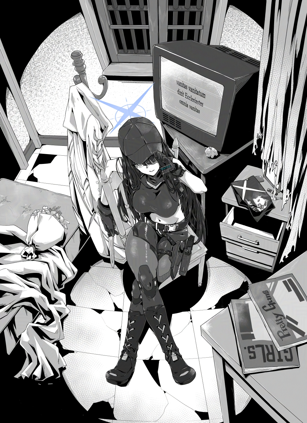 akaimame, saori (blue archive), blue archive, commentary request, highres, 1girl, baseball cap, bed, black hair, blue halo, bouquet, breasts, chair, crossed legs, crt, curtains, flower, gloves, halo, hands on headwear, hat, indoors, large breasts, logo, long hair, looking at viewer, messy room, navel, open mouth, paper, shirt, sitting, sleeveless, solo, spot color, stomach, window