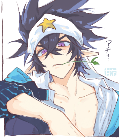 ray (aotu world), ray (campus) (aotu world), aotu world, lowres, 1boy, amgkkr, arm on knee, artist name, bandana, black hair, black pants, blue jacket, blush, collarbone, collared shirt, hair between eyes, headband, jacket, male focus, mouth hold, official alternate costume, open clothes, open shirt, pants, parted lips, pectorals, pointy ears, print headband, purple eyes, school uniform, shirt, short hair, simple background, sitting, solo, spiked hair, stalk in mouth, star (symbol), star print, sweat, upper body, white background, white headband, white shirt