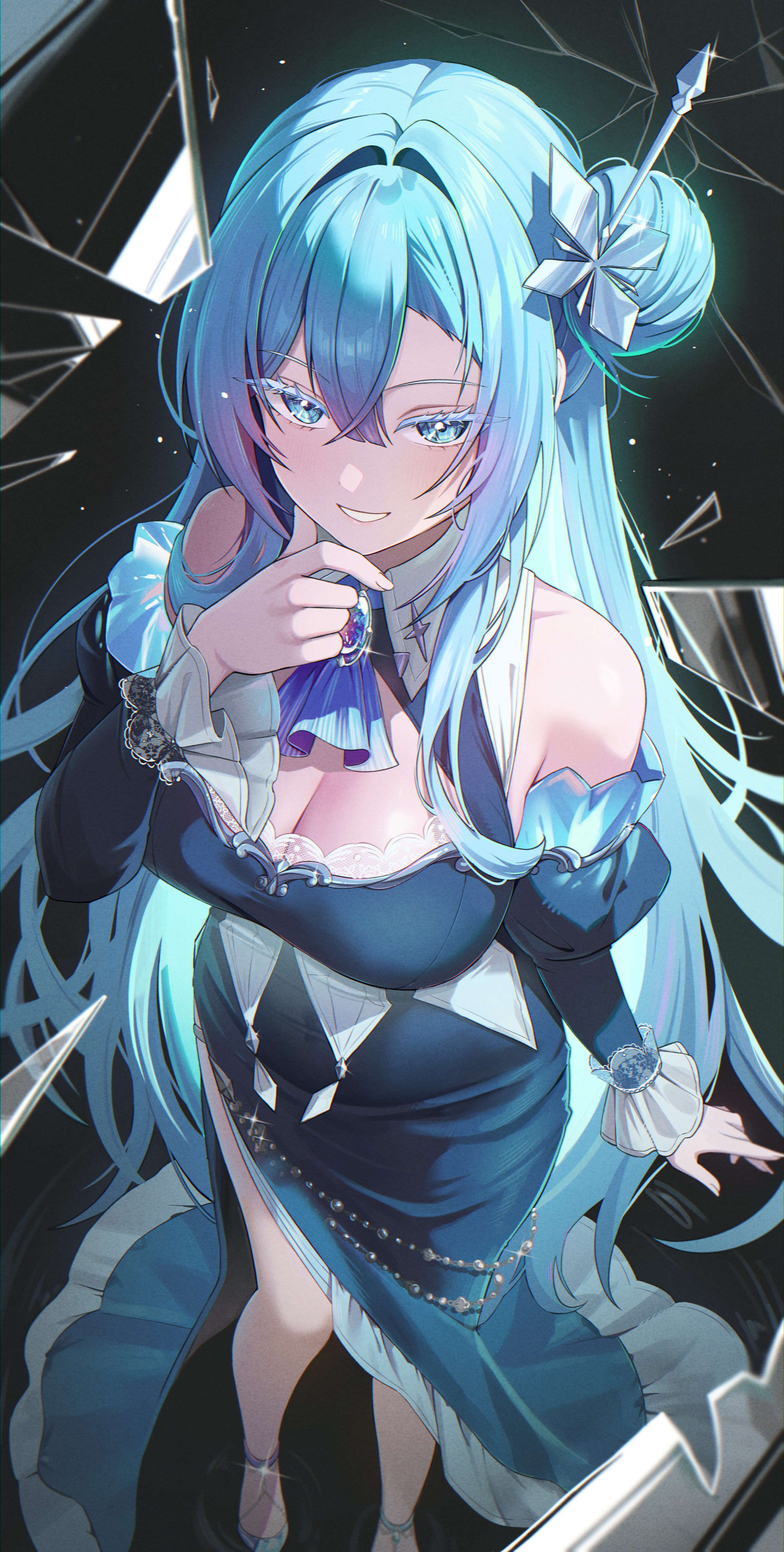 suisen (suisenhwa), original, absurdres, commentary request, highres, korean commentary, 1girl, ascot, bare shoulders, beads, black background, blue ascot, blue dress, blue eyes, blue gemstone, blue hair, blunt bangs, breasts, broken glass, cleavage, collared dress, colored eyelashes, crack, cracked glass, crossed bangs, detached sleeves, diamond (shape), dress, frilled sleeves, frills, from above, gem, glass, glass shards, glint, hair between eyes, hair bun, hair intakes, hair ornament, hand on own chin, hand up, high heels, jewelry, lace-trimmed sleeves, lace trim, large breasts, long dress, long hair, long sleeves, looking at viewer, parted lips, side slit, sidelocks, single side bun, smile, solo, standing, star (symbol), thick eyelashes, thighs, very long hair