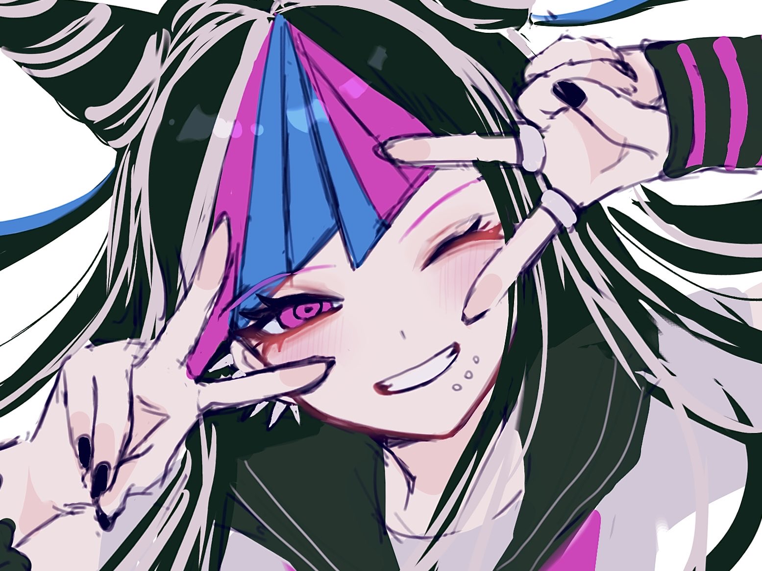 mioda ibuki, danganronpa (series), danganronpa 2: goodbye despair, commentary, symbol-only commentary, 1girl, arm warmers, black hair, black nails, black sailor collar, blue streaks, blush, double v, dutch angle, face piercing, grin, hair horns, hands up, jewelry, long hair, looking at viewer, multicolored hair, multiple rings, nail polish, one eye closed, piercing, pink eyes, pink streaks, portrait, ring, sailor collar, shirt, sketch, smile, solo, streaked hair, v, v over eye, white shirt, white streaks, yomo ma ni