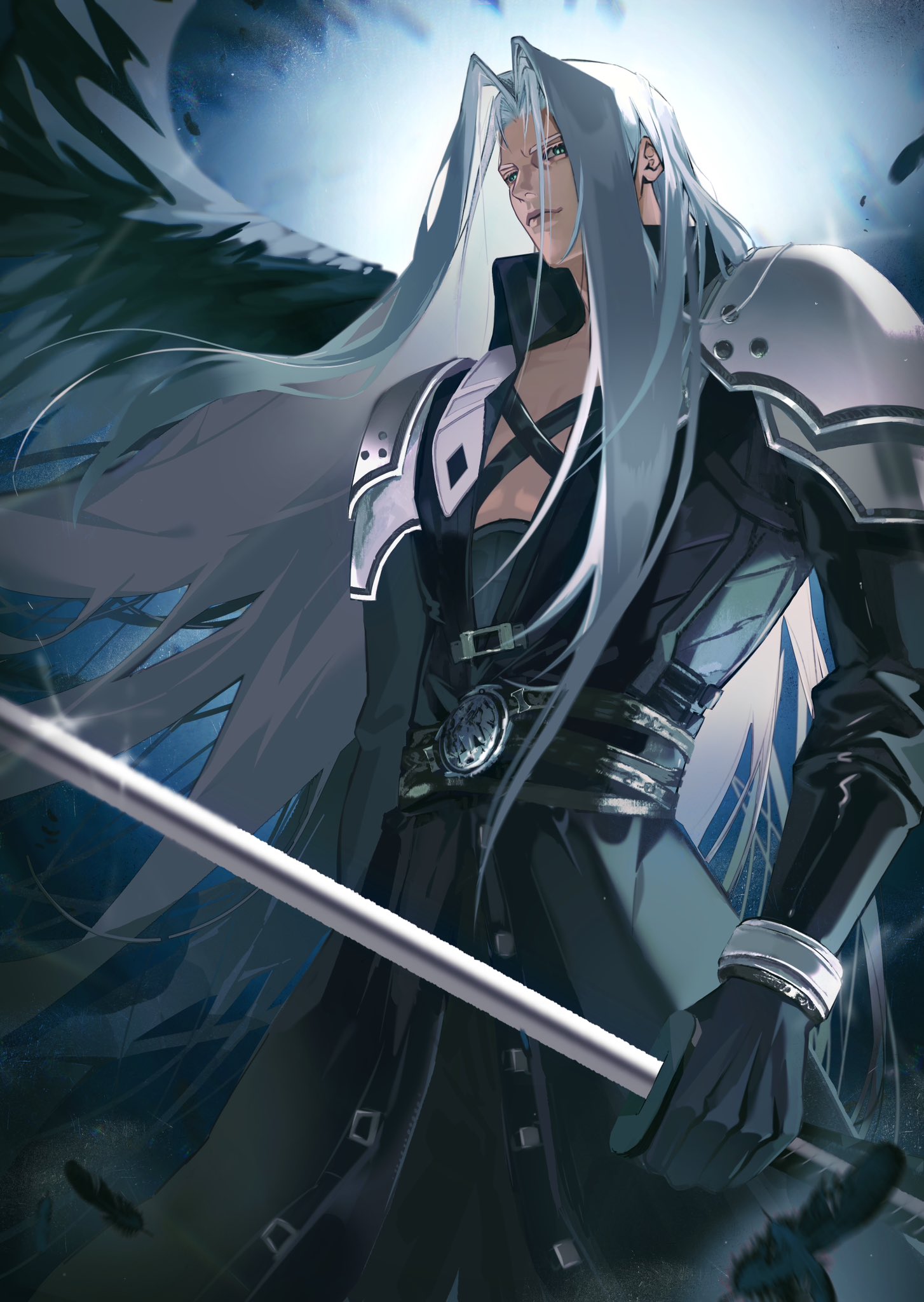 jianjiananan, sephiroth, final fantasy, final fantasy vii, final fantasy vii remake, highres, 1boy, armor, bangle, belt, belt buckle, black belt, black coat, black gloves, black wings, bracelet, buckle, chest strap, coat, cowboy shot, feathered wings, gloves, grey hair, holding, holding sword, holding weapon, jewelry, long coat, long hair, male focus, masamune (ff7), parted bangs, pauldrons, shoulder armor, single wing, slit pupils, solo, sword, weapon, wings