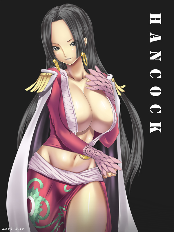 menosuke, boa hancock, one piece, bad id, bad pixiv id, 00s, 1girl, 2009, amazon lily, amazon warrior, black eyes, black hair, blush, breasts, cape, character name, cleavage, dated, earrings, epaulettes, female focus, forehead, huge breasts, jewelry, legs, long hair, midriff, smile, thighs