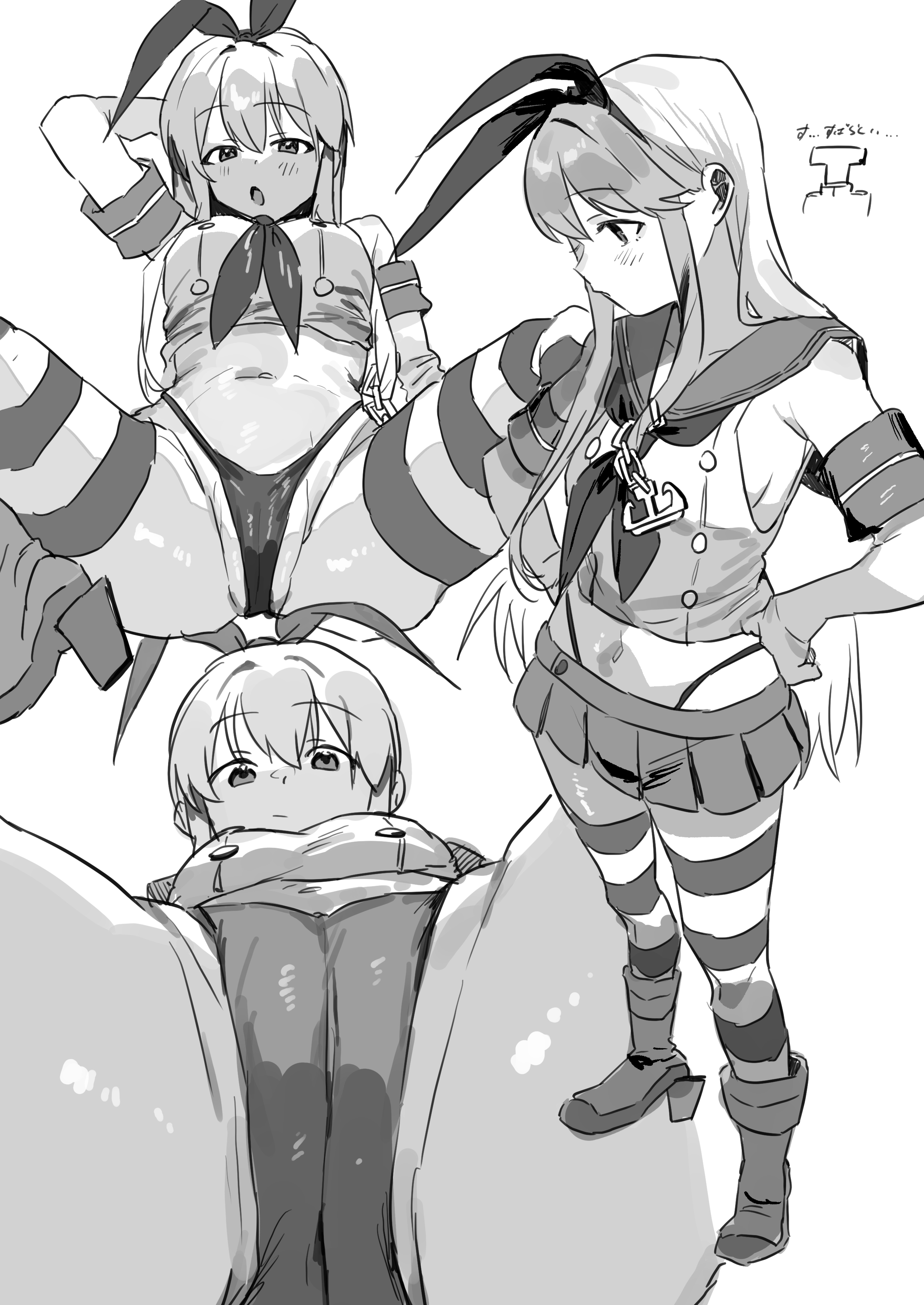 shishamo (domado), shimakaze (kancolle), t-head admiral, kantai collection, absurdres, highres, 1girl, anchor hair ornament, cameltoe, crop top, elbow gloves, full body, gloves, greyscale, hair ornament, hairband, highleg, highleg panties, long hair, m legs, microskirt, miniskirt, monochrome, multiple views, neckerchief, panties, pleated skirt, rudder footwear, sailor collar, shirt, skirt, sleeveless, sleeveless shirt, spread legs, striped clothes, striped thighhighs, thighhighs, underwear